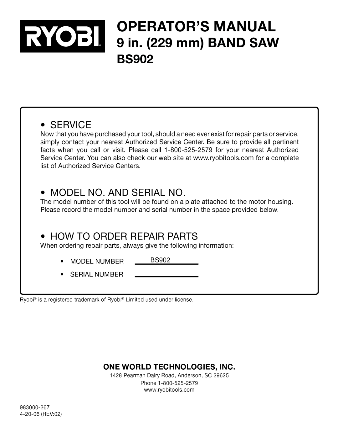 Ryobi BS902 manual Service Model NO. and Serial no 