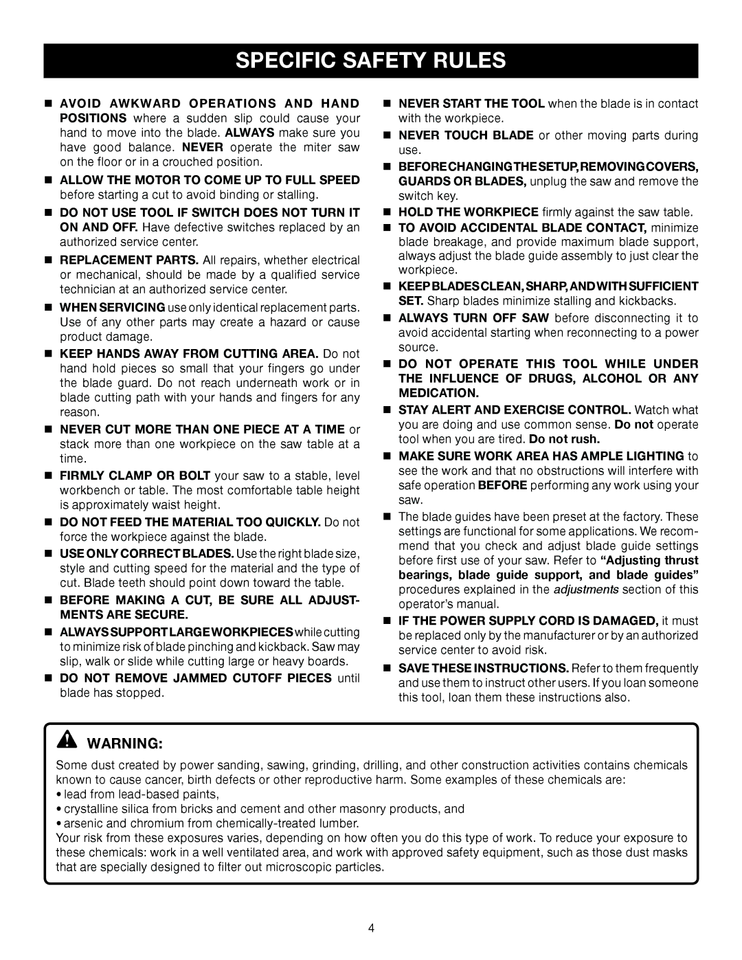 Ryobi BS902 manual Specific Safety Rules,  Before Making a CUT, be Sure ALL ADJUST- Ments are Secure 