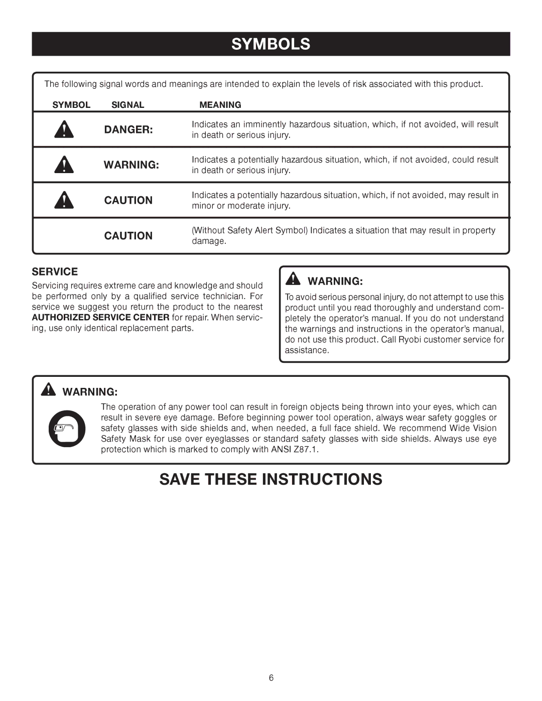 Ryobi BS902 manual Service, Symbol Signal Meaning 