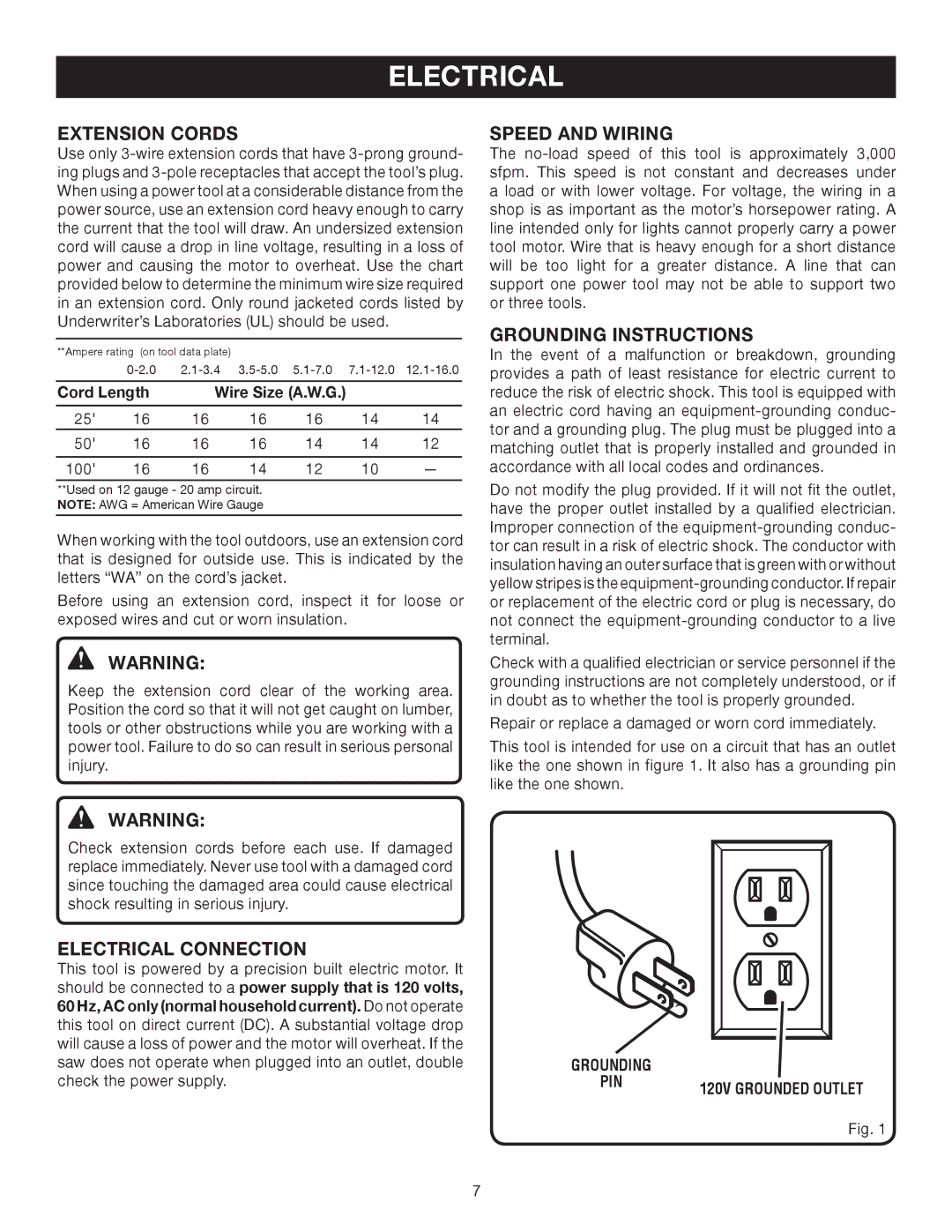 Ryobi BS902 manual Extension Cords, Speed and Wiring, Grounding Instructions, Electrical Connection 