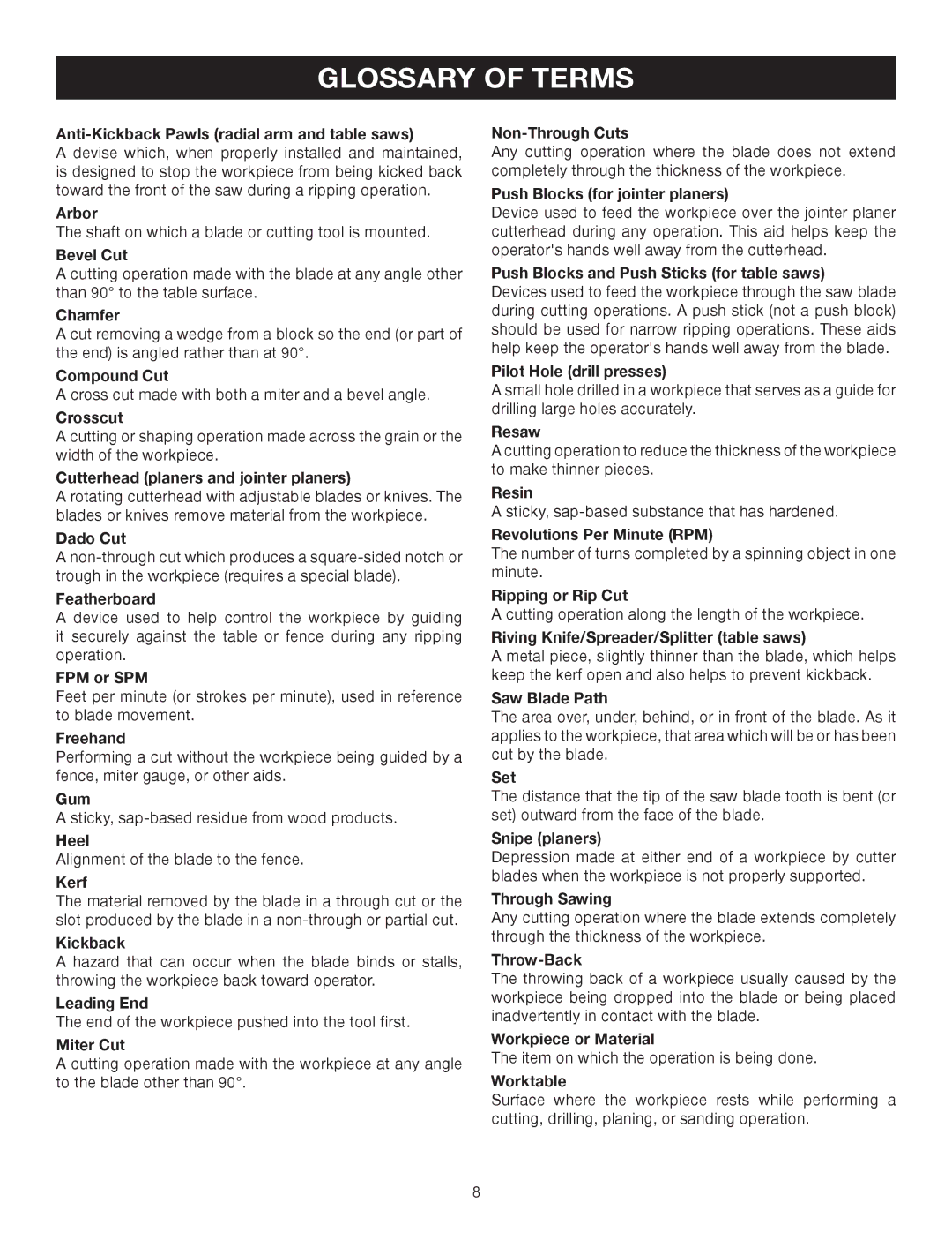 Ryobi BS902 manual Glossary of Terms 