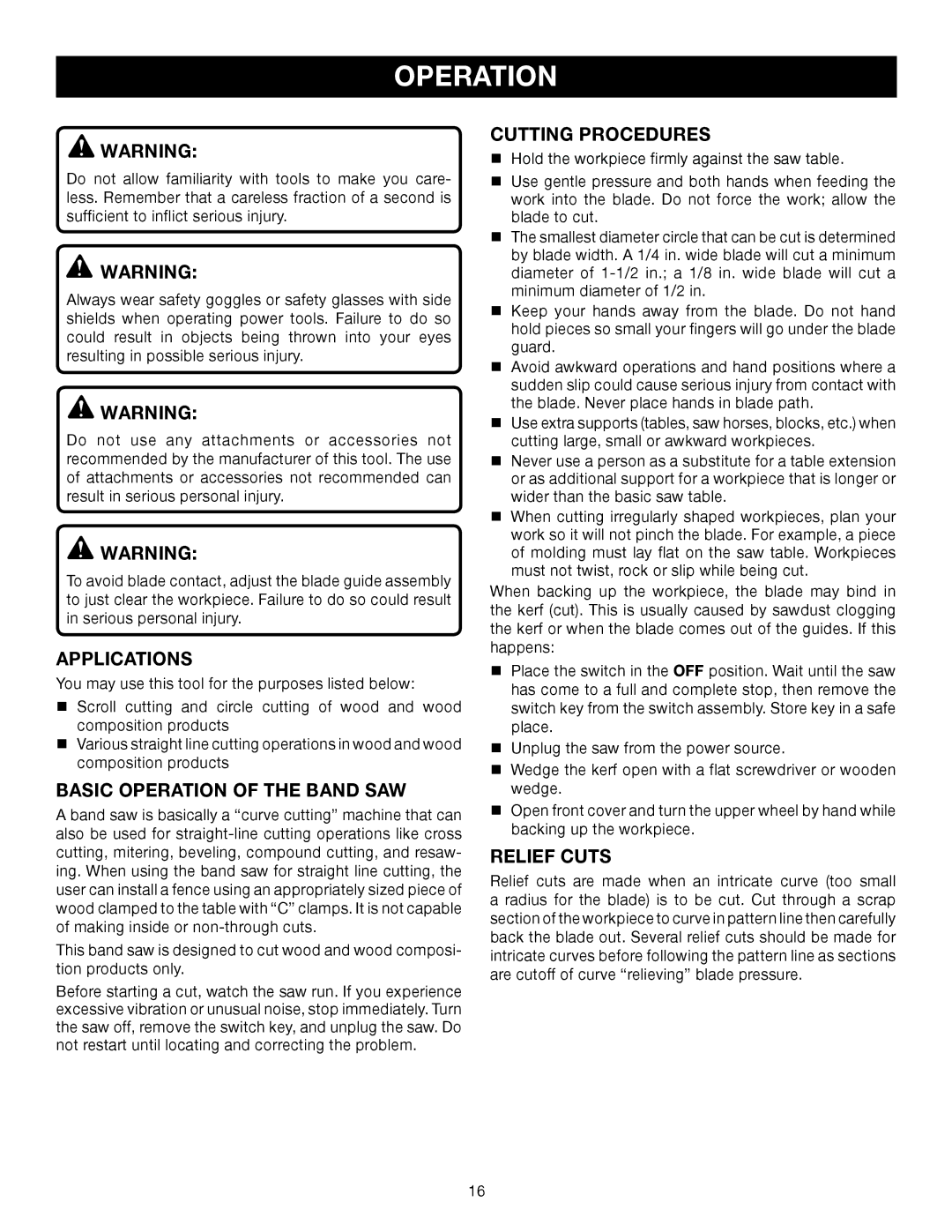 Ryobi BS903 manual Applications, Basic Operation of the Band SAW, Cutting Procedures, Relief Cuts 