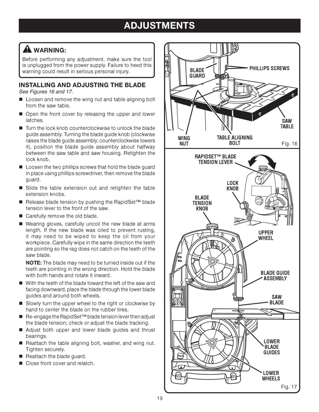 Ryobi BS903 manual Adjustments, Installing and Adjusting the Blade, See Figures 16, Guard SAW 