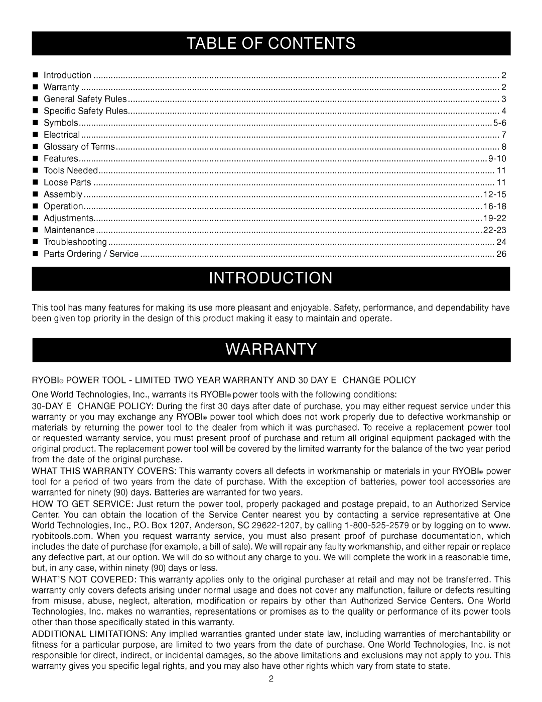 Ryobi BS903 manual Introduction, Warranty 