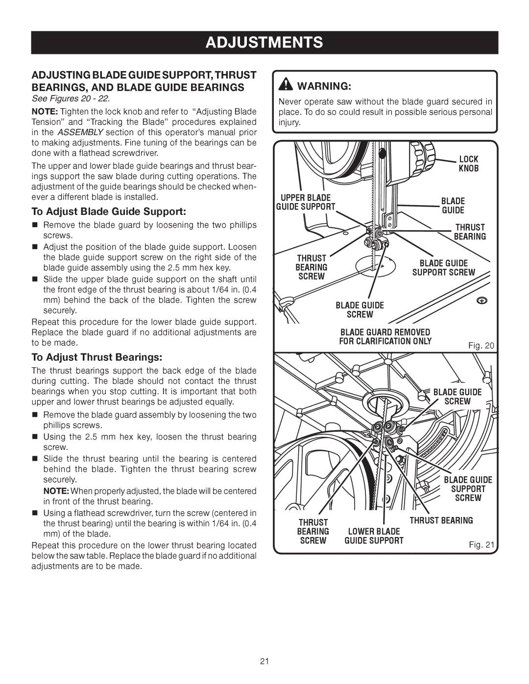 Ryobi BS903 manual See Figures 20, Guide, Thrust Bearing 