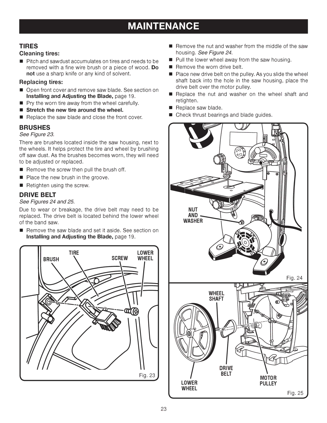 Ryobi BS903 manual Tires, Brushes, Drive Belt 