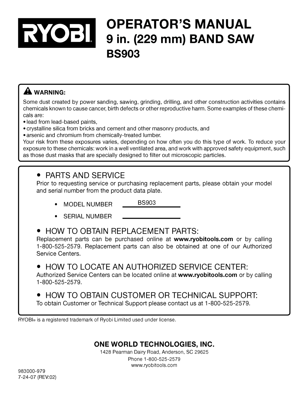 Ryobi BS903 manual Parts and Service 