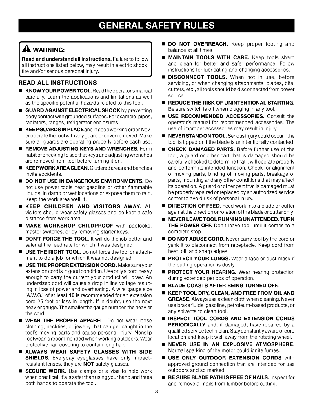 Ryobi BS903 manual General Safety Rules, Read ALL Instructions,  Blade Coasts After Being Turned OFF 