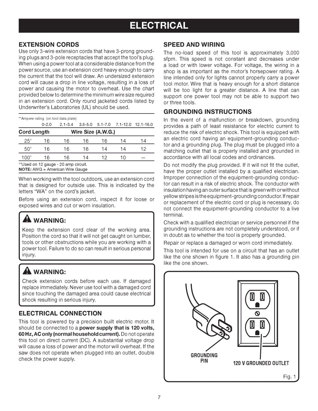 Ryobi BS903 manual Extension Cords, Electrical Connection, Speed and Wiring, Grounding Instructions 