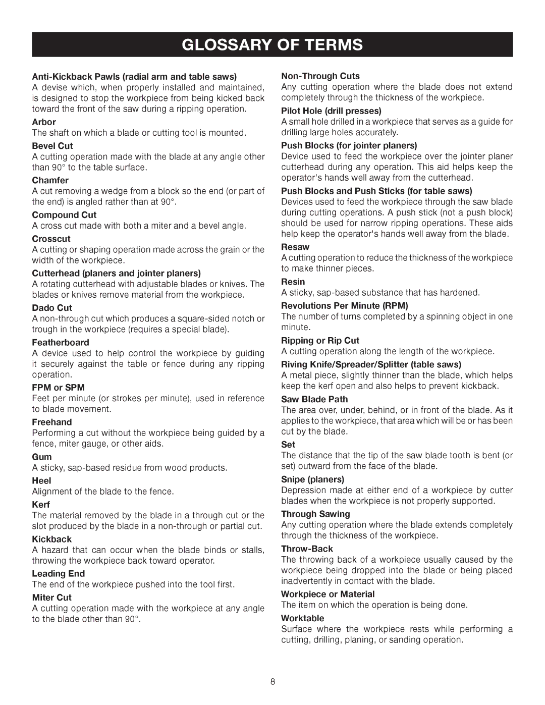 Ryobi BS903 manual Glossary of Terms 