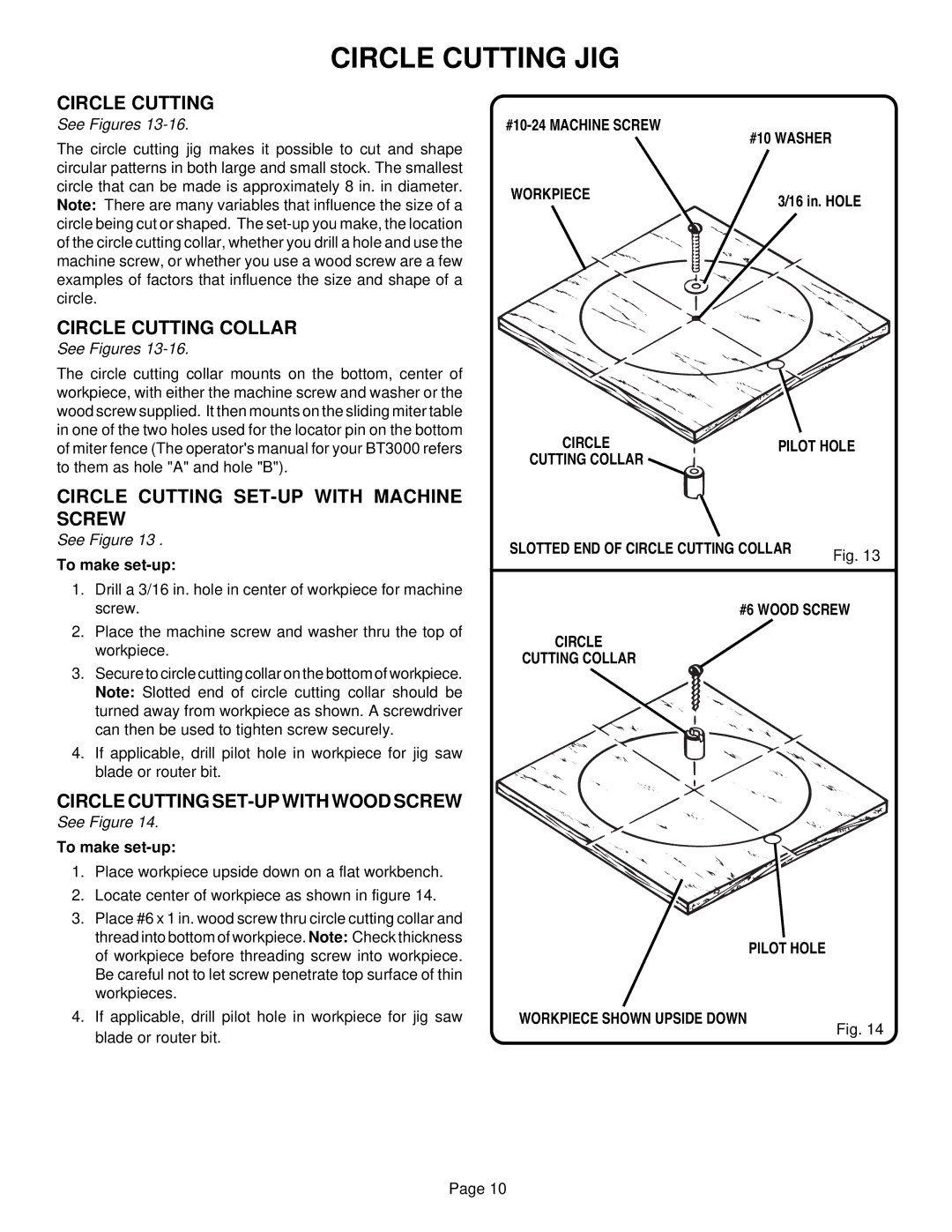Ryobi BT3000 manual Circle Cutting JIG, Circle Cutting Collar, Circle Cutting SET-UP with Machine Screw 