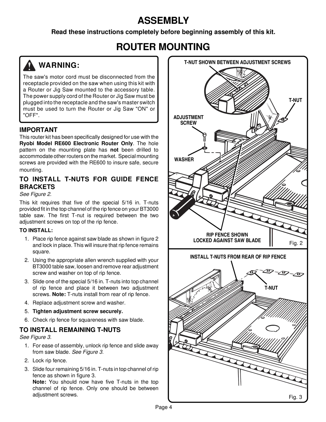 Ryobi BT3000 manual Assembly, Router Mounting, To Install T-NUTS for Guide Fence Brackets, To Install Remaining T-NUTS 