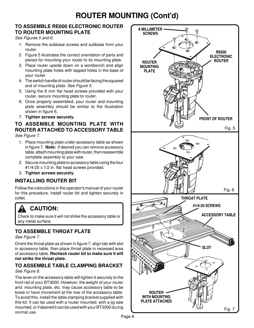 Ryobi BT3000 manual Installing Router BIT, To Assemble Throat Plate, To Assemble Table Clamping Bracket 