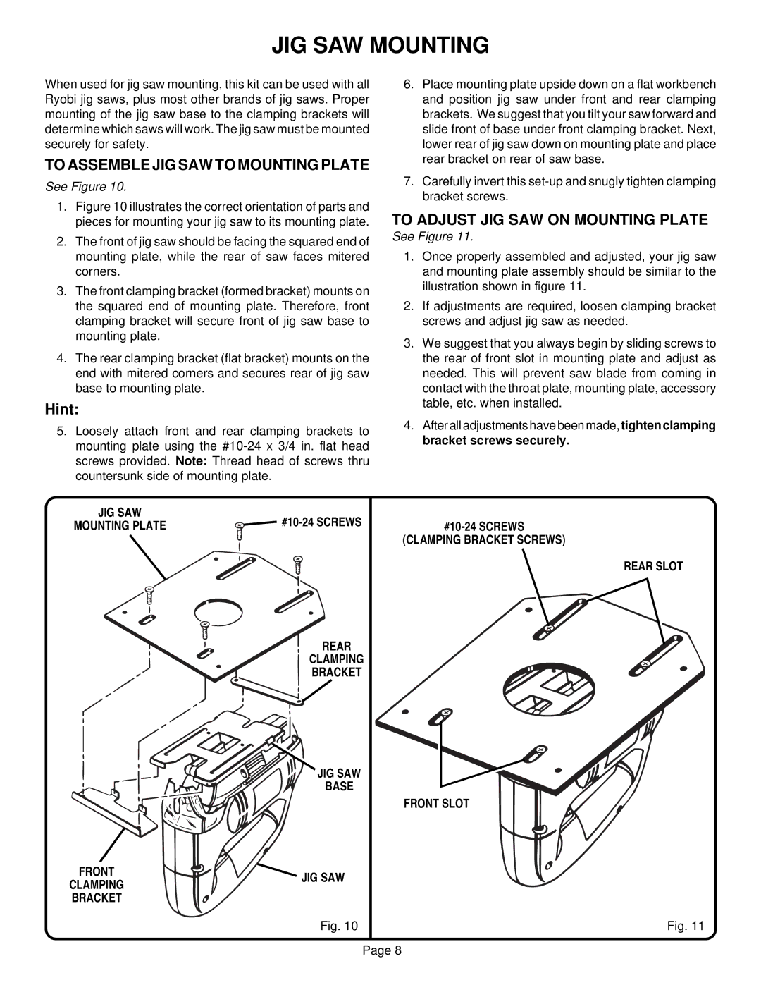 Ryobi BT3000 manual JIG SAW Mounting, To Assemble JIG SAW to Mounting Plate, To Adjust JIG SAW on Mounting Plate 