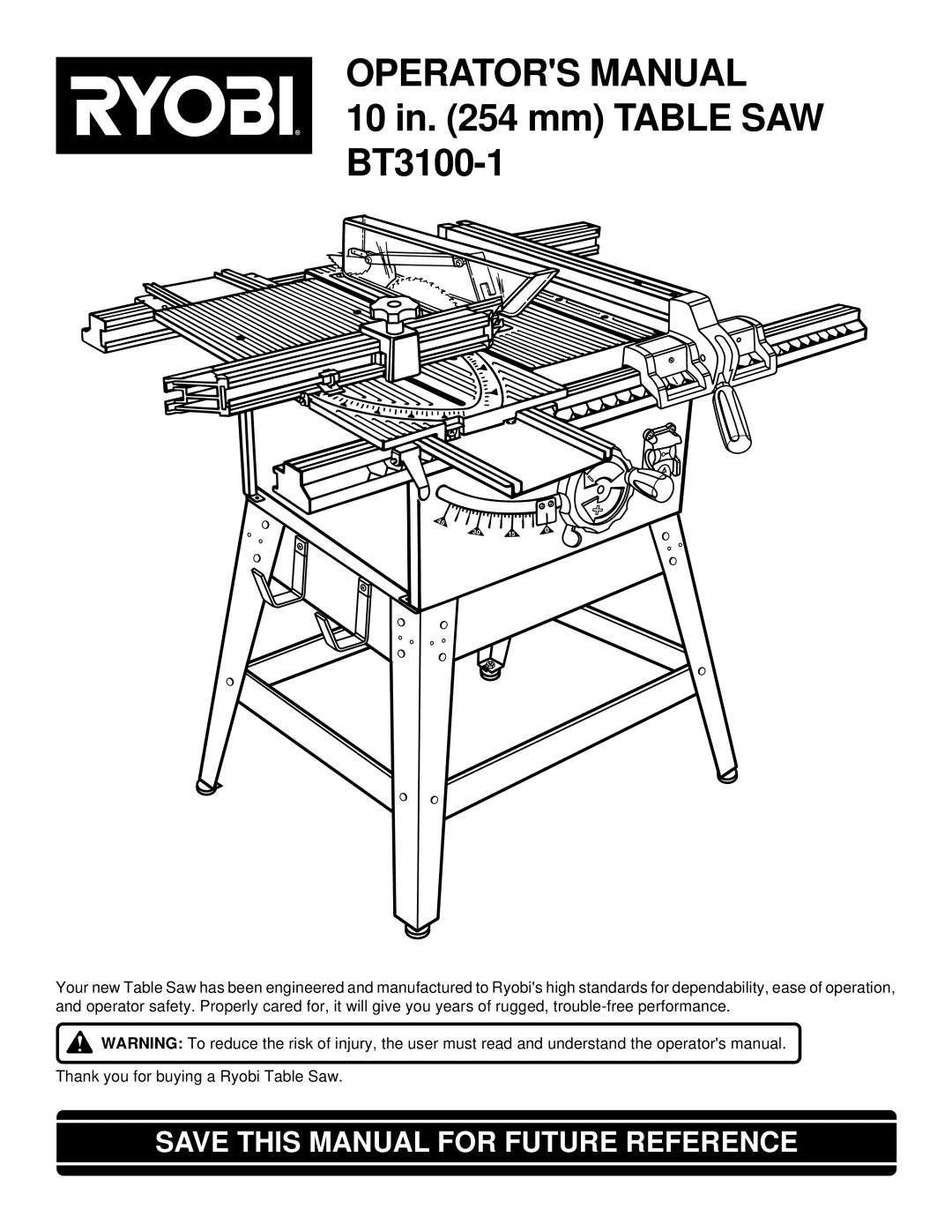 Ryobi BT3100-1 manual Operators Manual, Save this Manual for Future Reference 