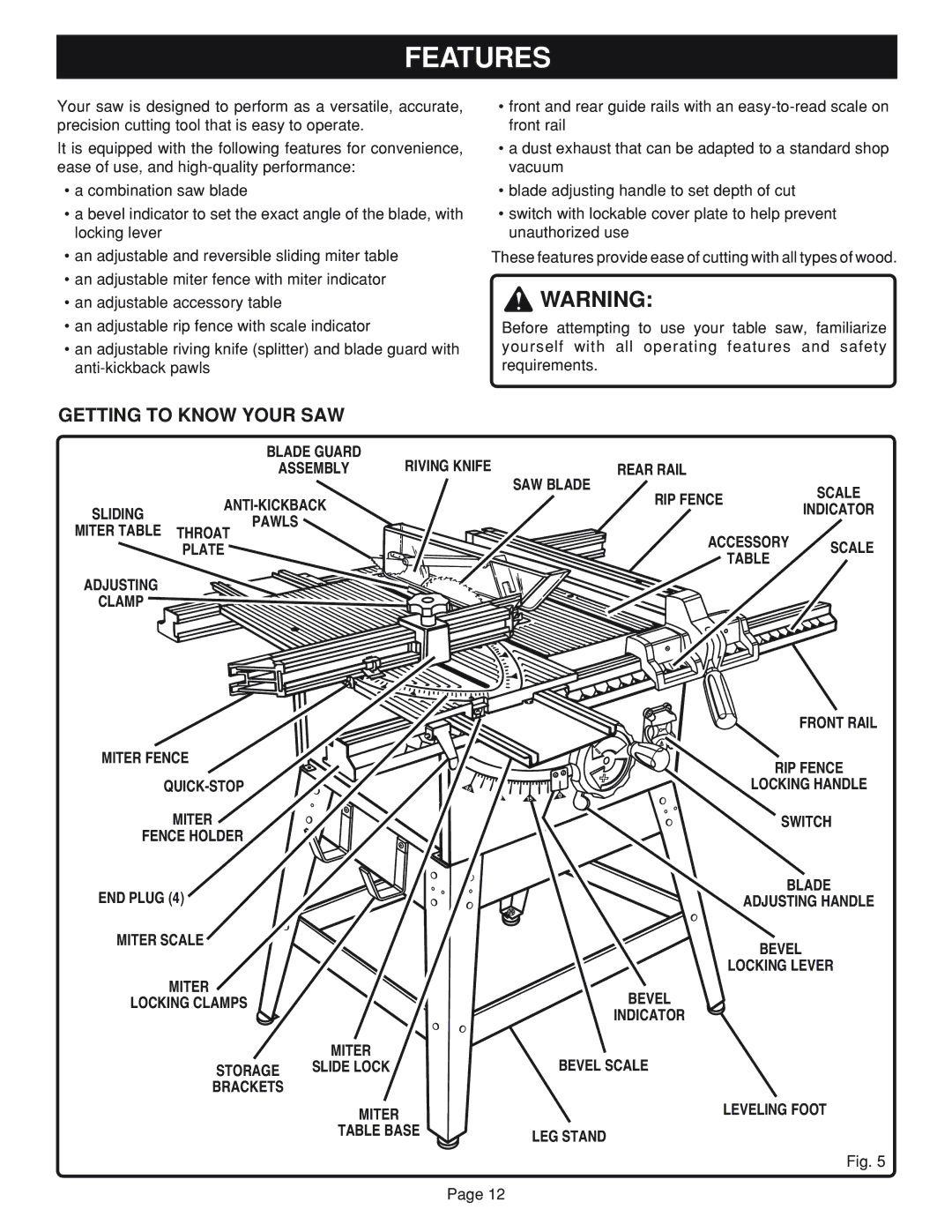 Ryobi BT3100-1 manual Features, Getting to Know Your SAW, Sliding, Scale 