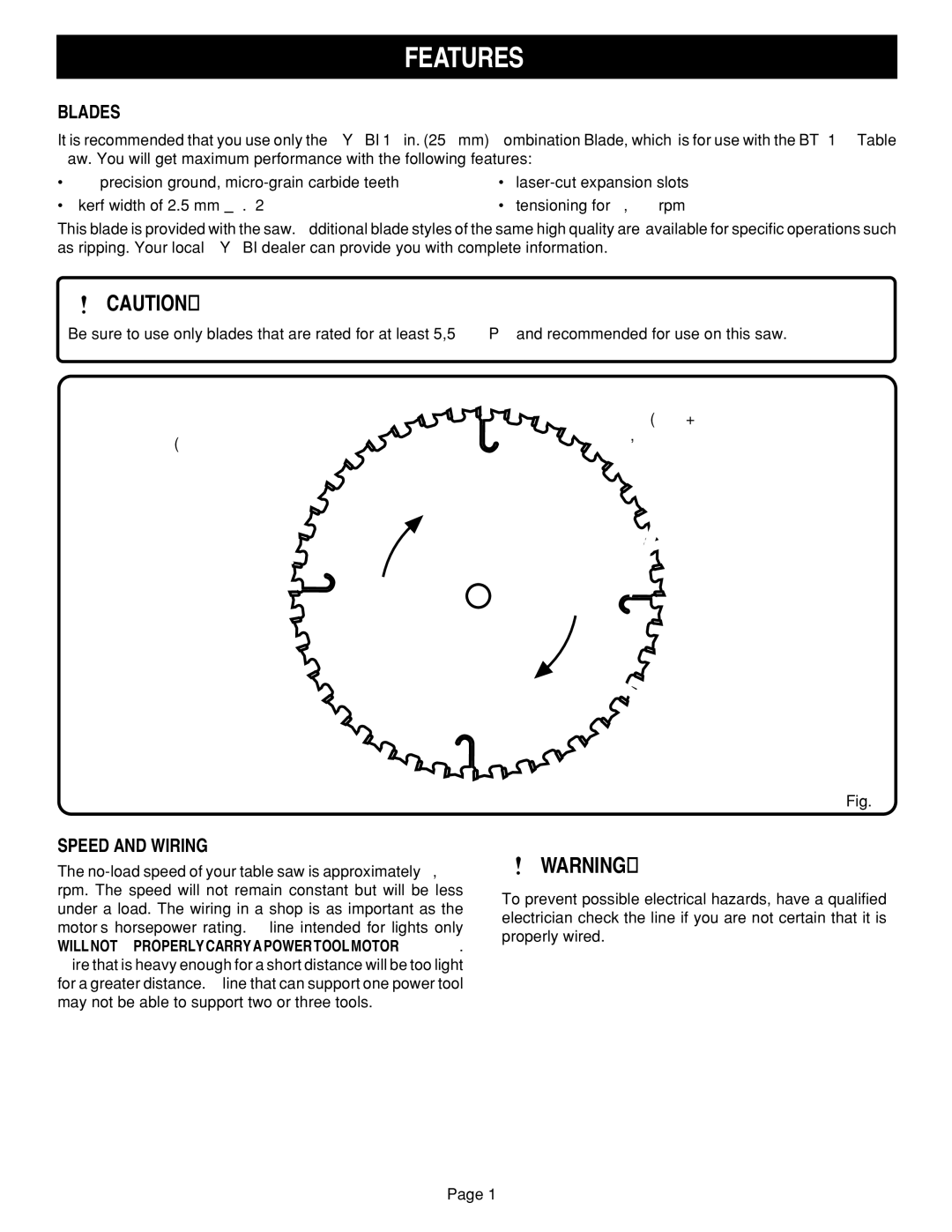 Ryobi BT3100-1 manual Blades, Speed and Wiring 