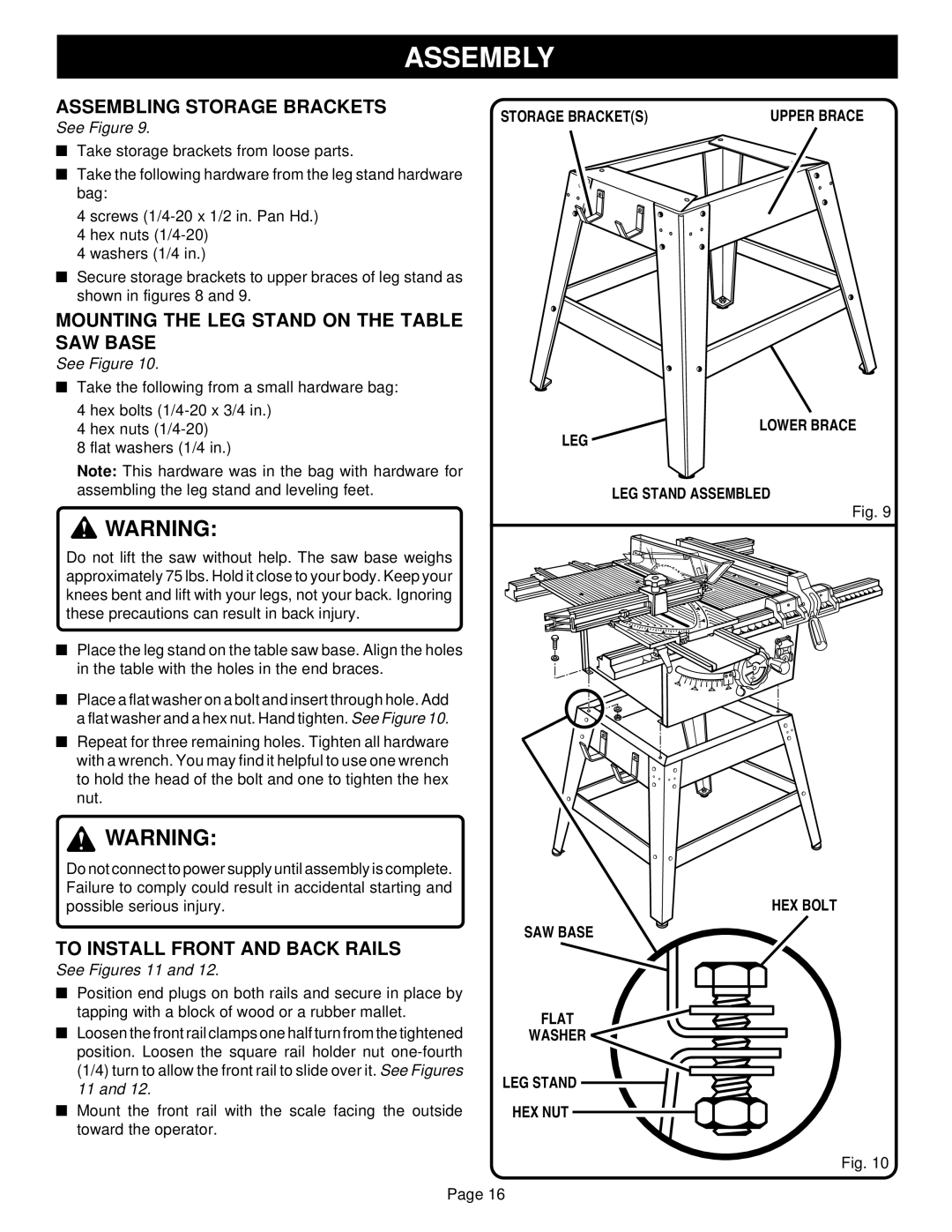 Ryobi BT3100-1 Assembling Storage Brackets, Mounting the LEG Stand on the Table SAW Base, To Install Front and Back Rails 