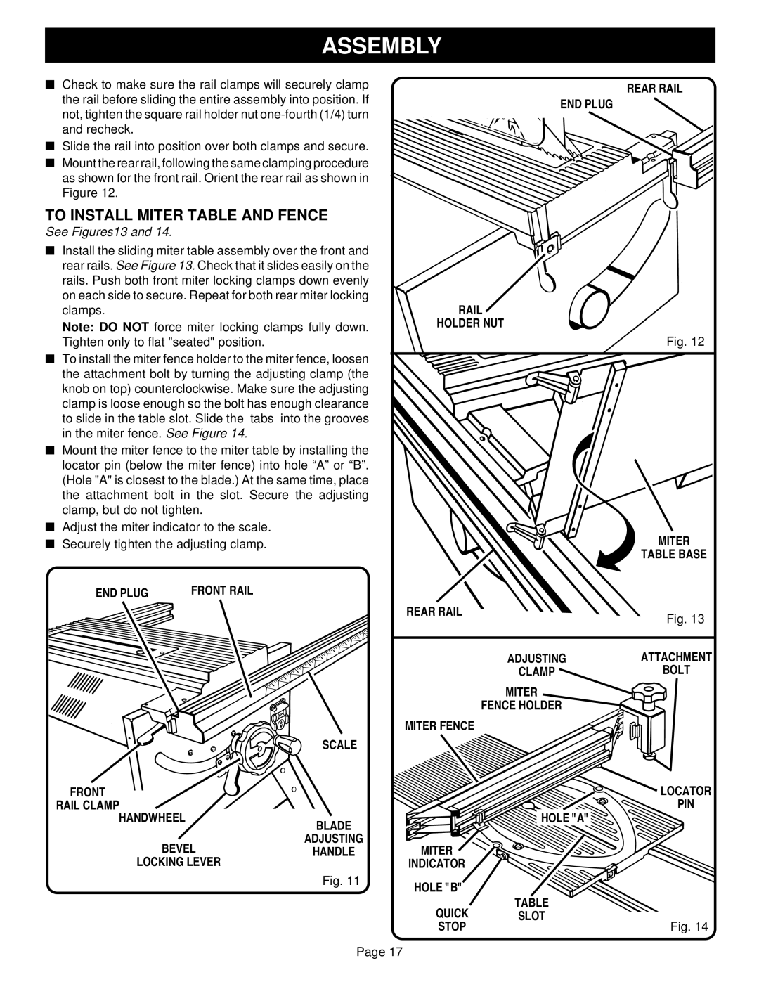 Ryobi BT3100-1 manual To Install Miter Table and Fence, Rear Rail END Plug Holder NUT Miter, Handwheel, Hole B 