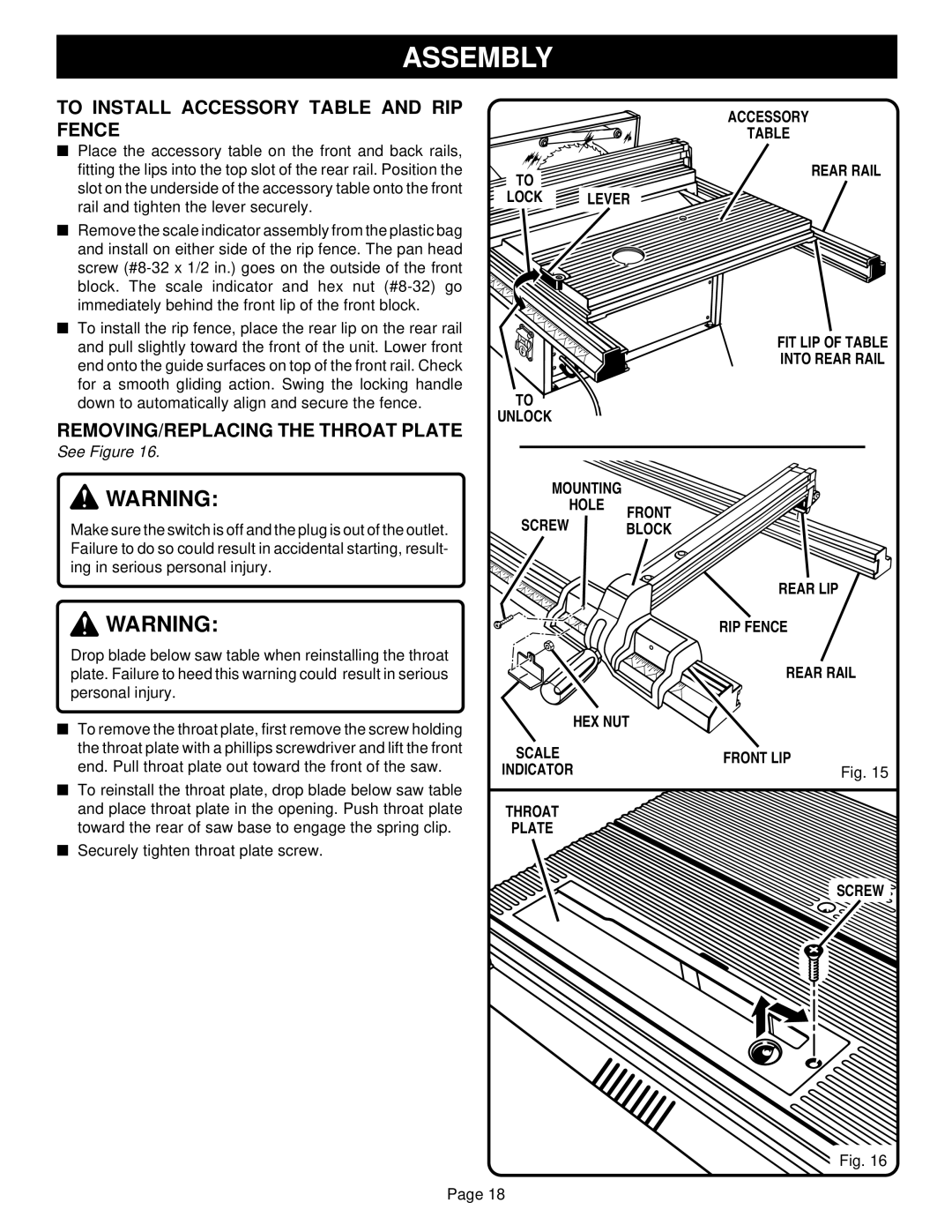 Ryobi BT3100-1 manual To Install Accessory Table and RIP Fence, REMOVING/REPLACING the Throat Plate, Lever 