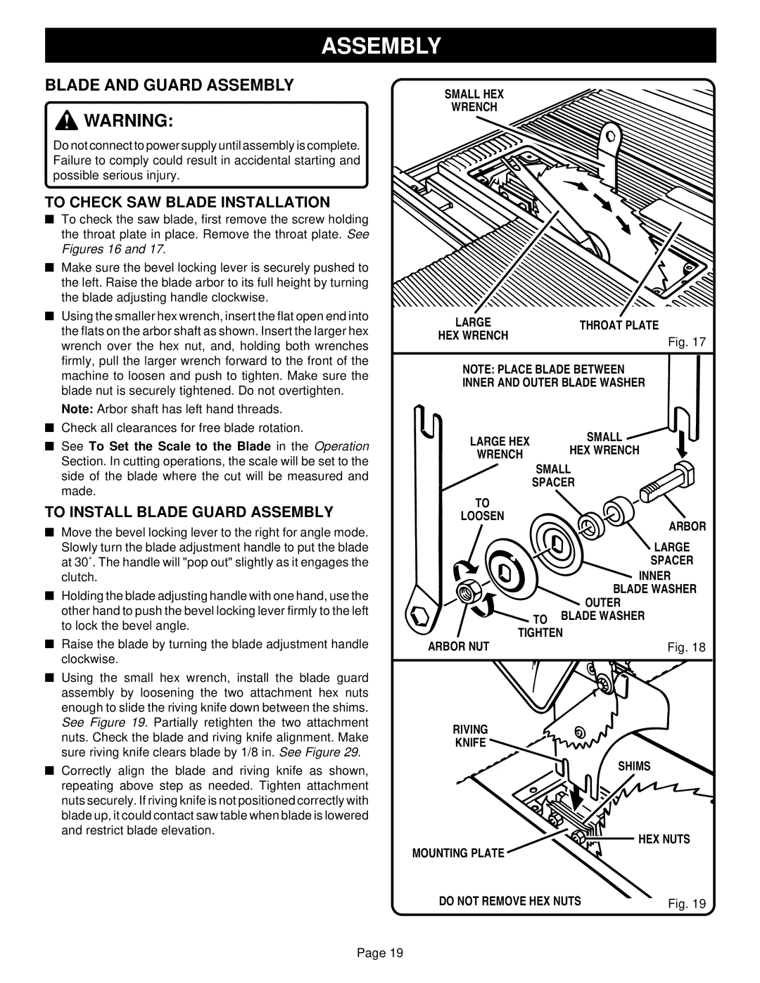 Ryobi BT3100-1 manual To Check SAW Blade Installation, To Install Blade Guard Assembly, Small HEX Wrench, Throat Plate 