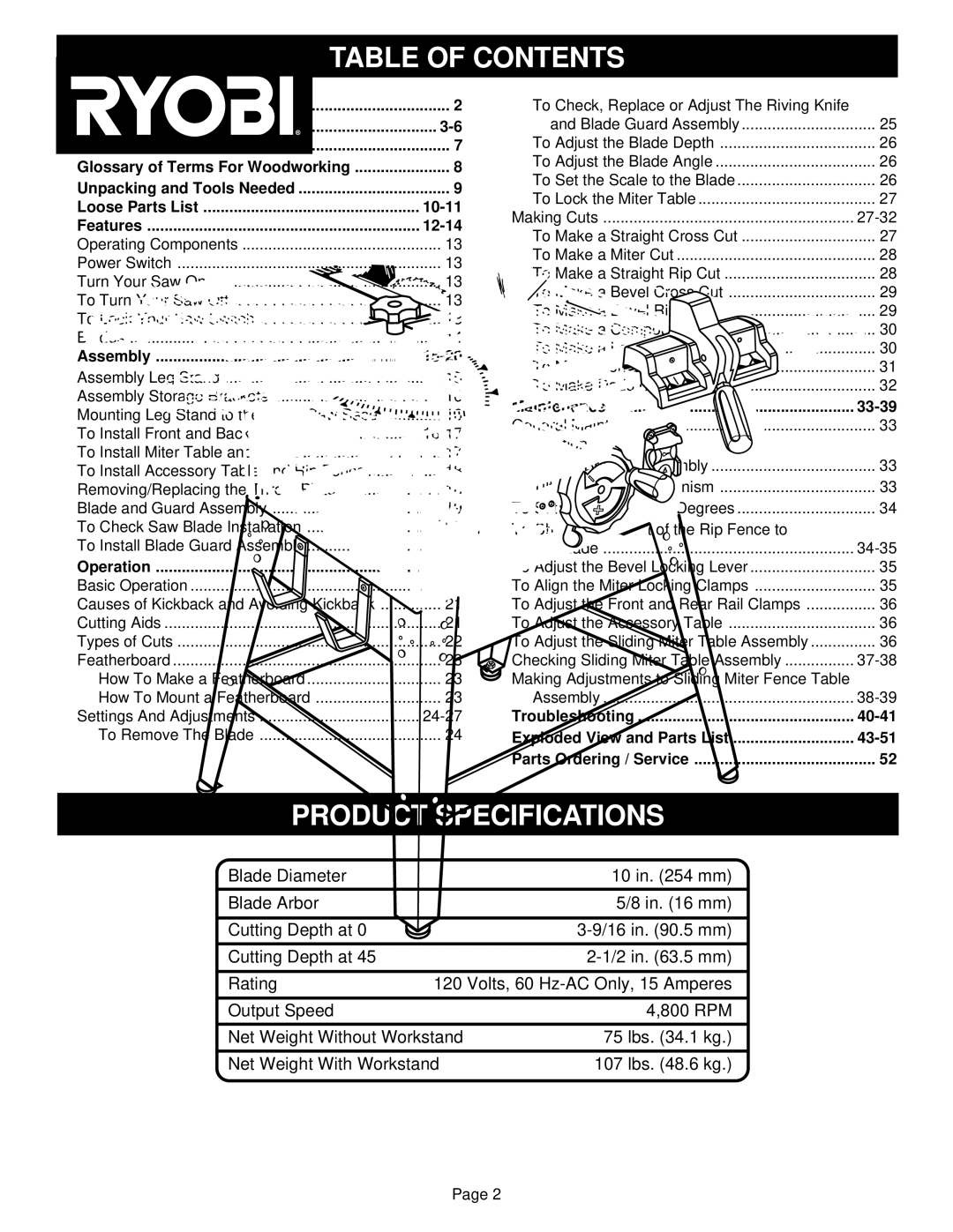 Ryobi BT3100-1 manual Table of Contents, Product Specifications 