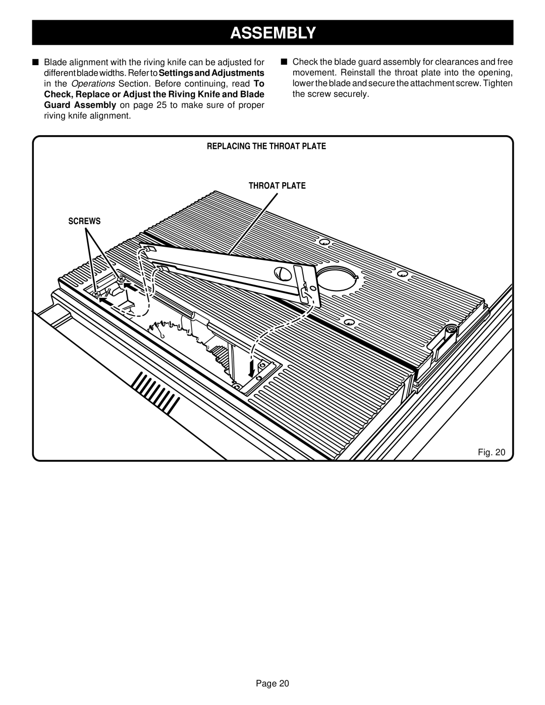 Ryobi BT3100-1 manual Replacing the Throat Plate Screws 