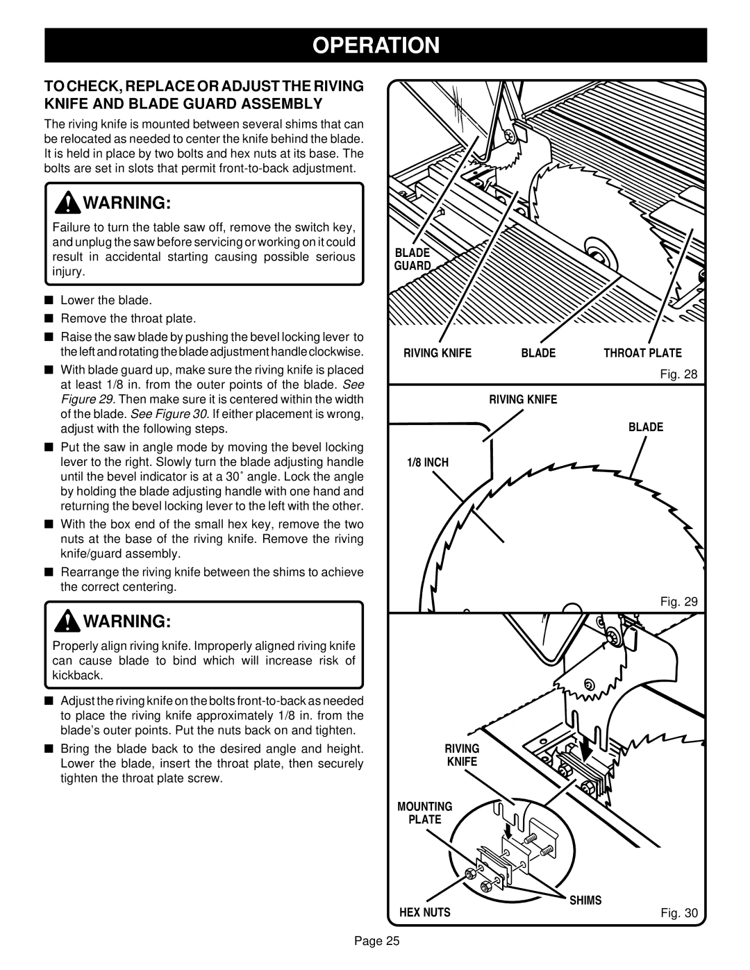 Ryobi BT3100-1 manual Blade Guard Riving Knife, Riving Knife Blade, Inch, Riving Knife Mounting Plate 