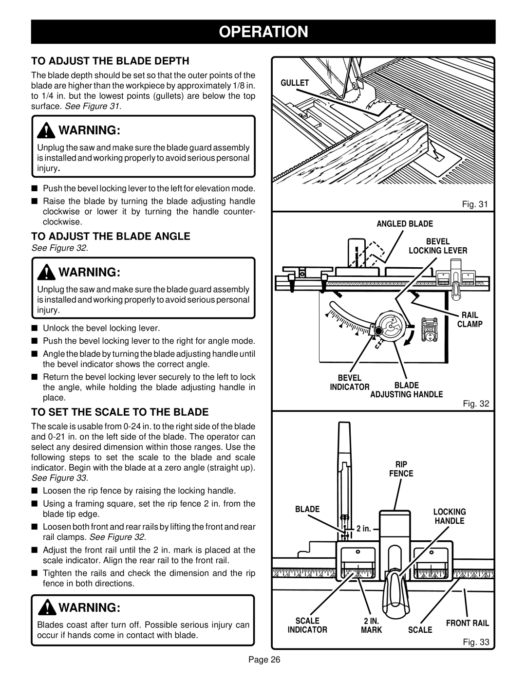 Ryobi BT3100-1 manual To Adjust the Blade Depth, To Adjust the Blade Angle, To SET the Scale to the Blade 