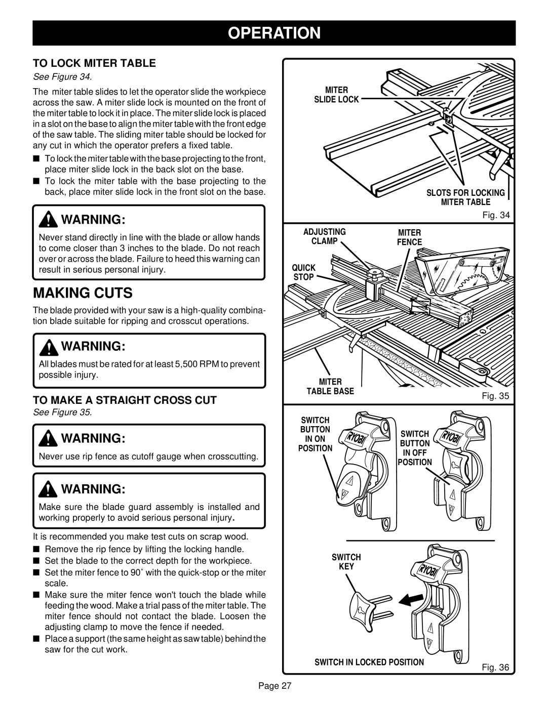 Ryobi BT3100-1 manual To Lock Miter Table, To Make a Straight Cross CUT, Miter Slide Lock Slots for Locking Miter Table 