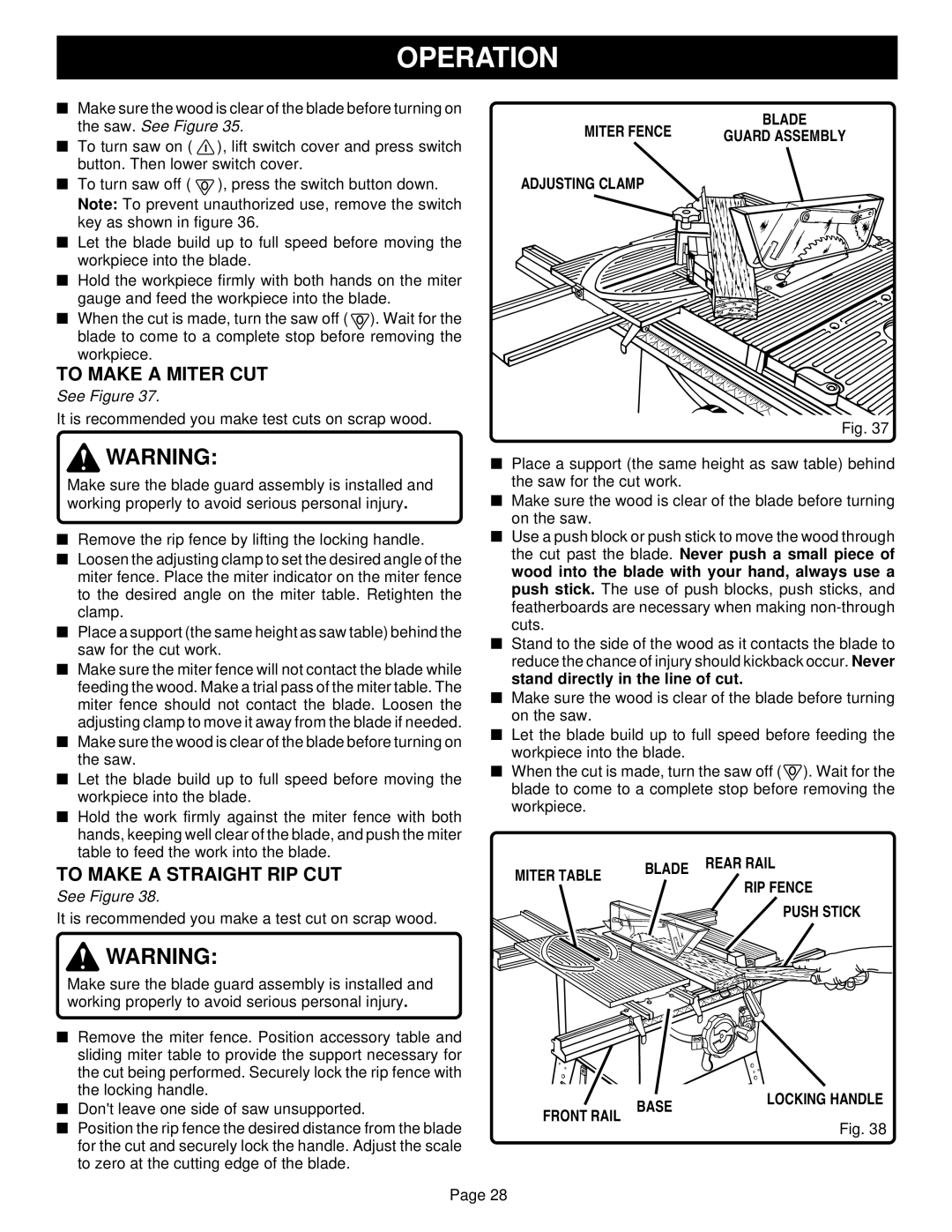 Ryobi BT3100-1 To Make a Miter CUT, To Make a Straight RIP CUT, Adjusting Clamp, Miter Table Blade Rear Rail RIP Fence 