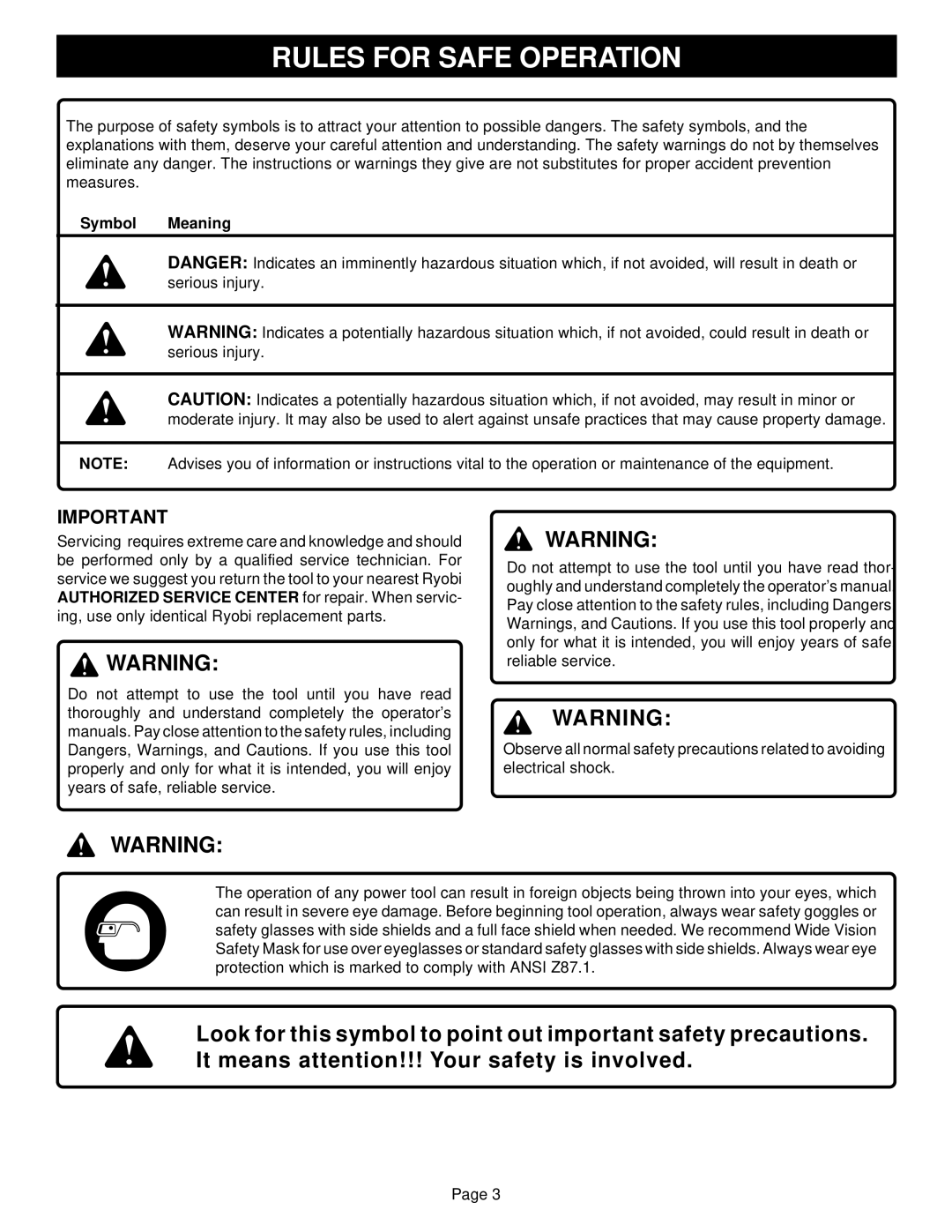 Ryobi BT3100-1 manual Rules for Safe Operation, Symbol Meaning 