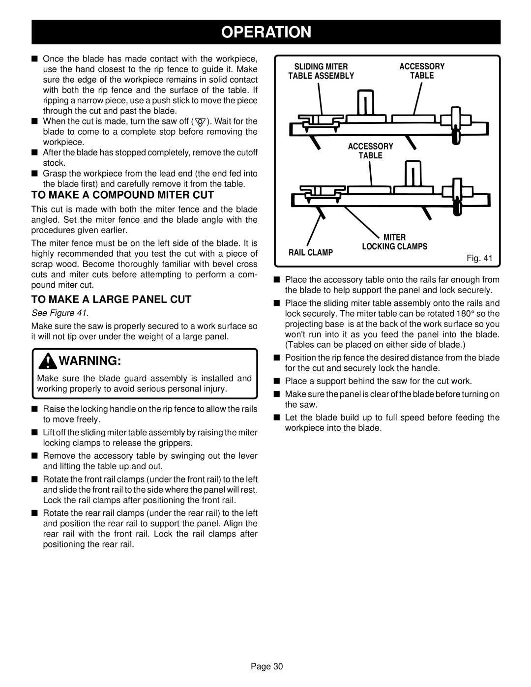 Ryobi BT3100-1 manual To Make a Compound Miter CUT, To Make a Large Panel CUT, Accessory Miter Locking Clamps Rail Clamp 