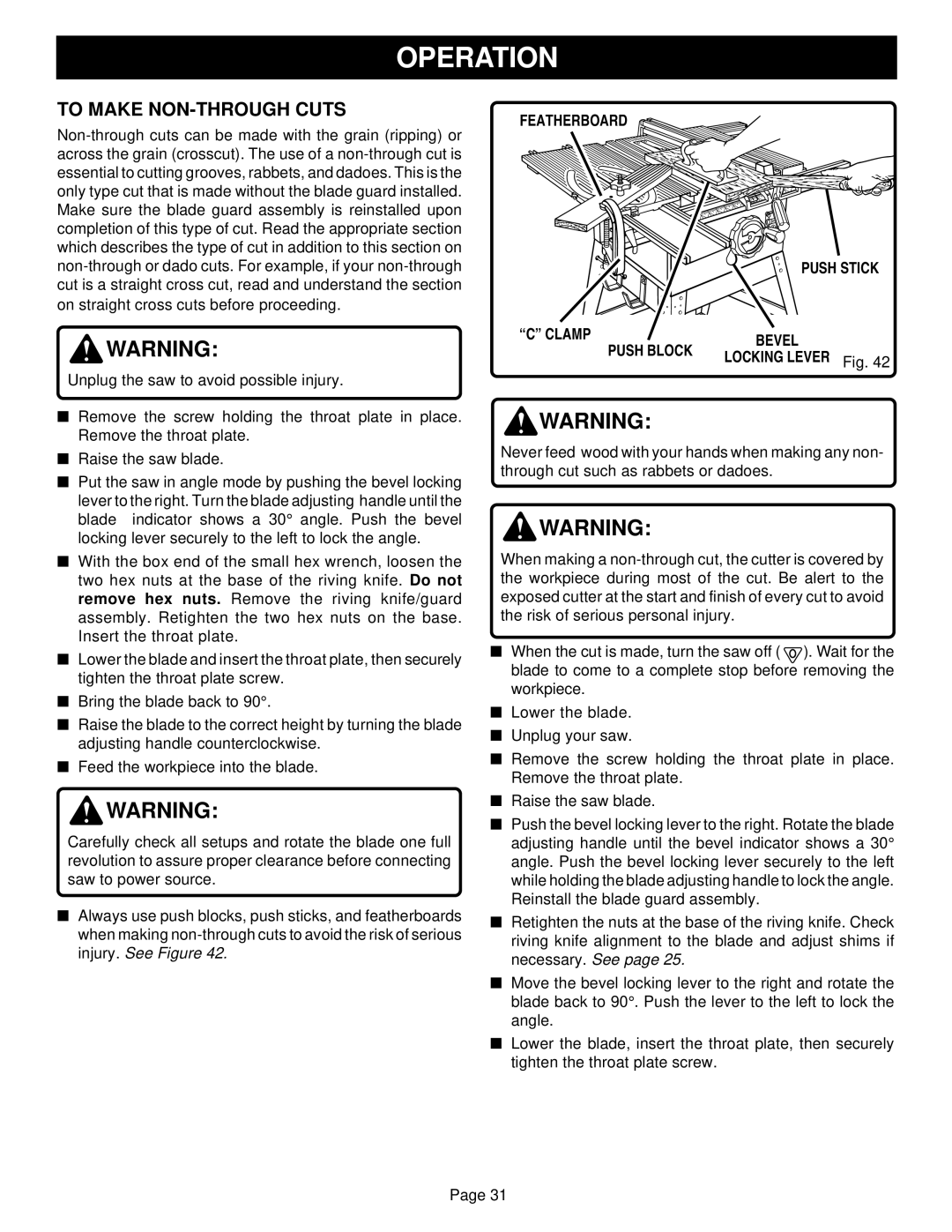 Ryobi BT3100-1 manual To Make NON-THROUGH Cuts, Featherboard, Clamp Push Block Bevel 