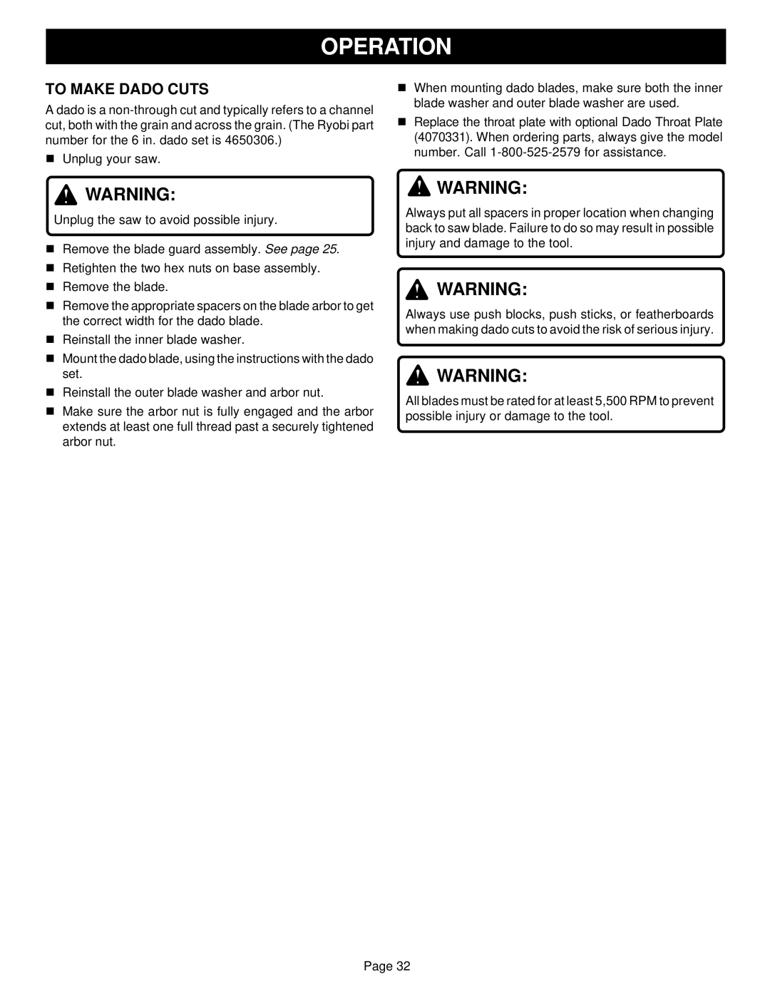 Ryobi BT3100-1 manual Operation 