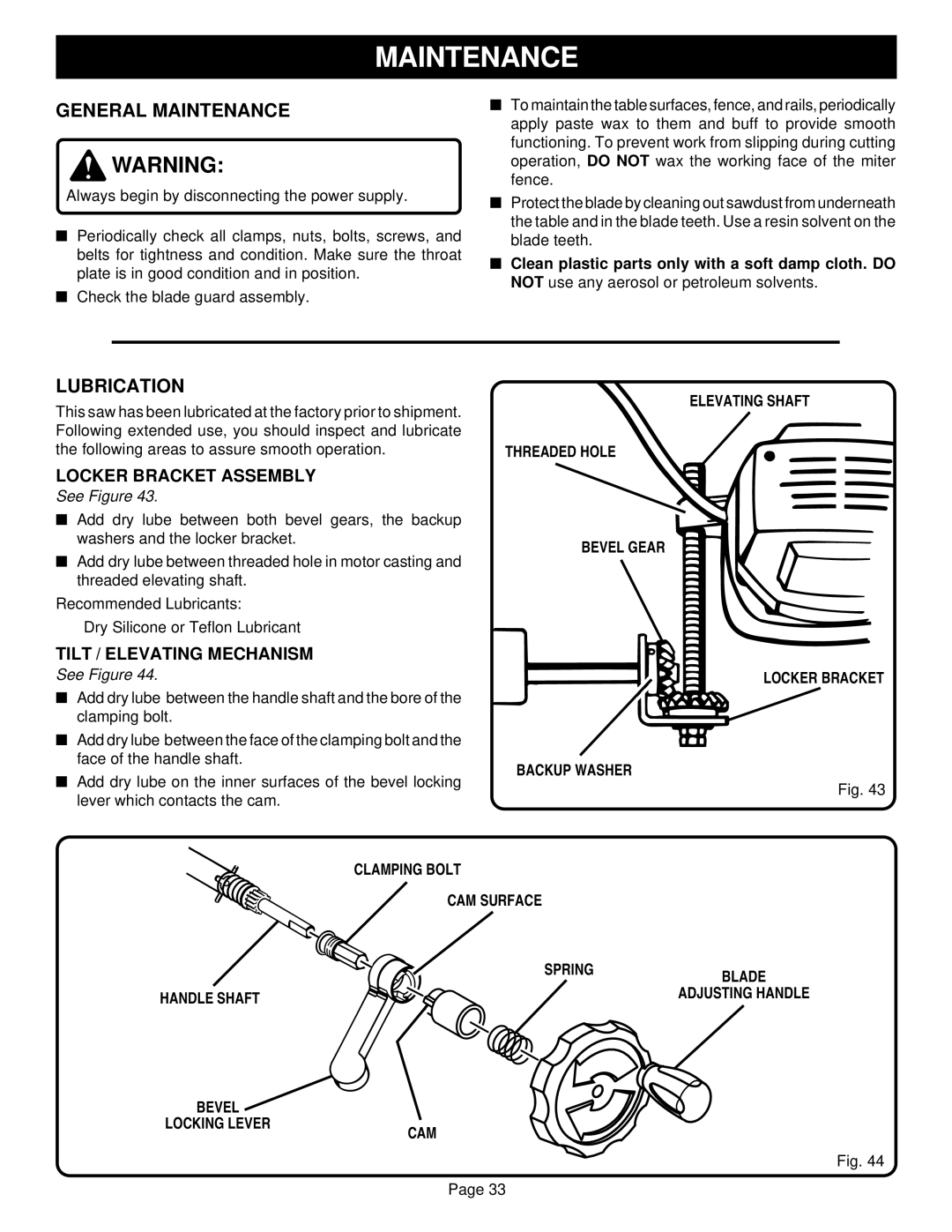 Ryobi BT3100-1 manual General Maintenance, Lubrication, Elevating Shaft Threaded Hole Bevel Gear, Backup Washer 