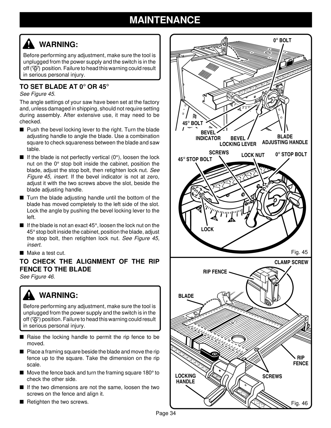 Ryobi BT3100-1 To SET Blade AT 0 or, To Check the Alignment of the RIP Fence to the Blade, Screws Lock NUT, Stop Bolt Lock 