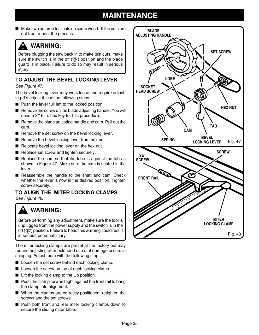 Ryobi BT3100-1 manual To Adjust the Bevel Locking Lever, To Align the Miter Locking Clamps 