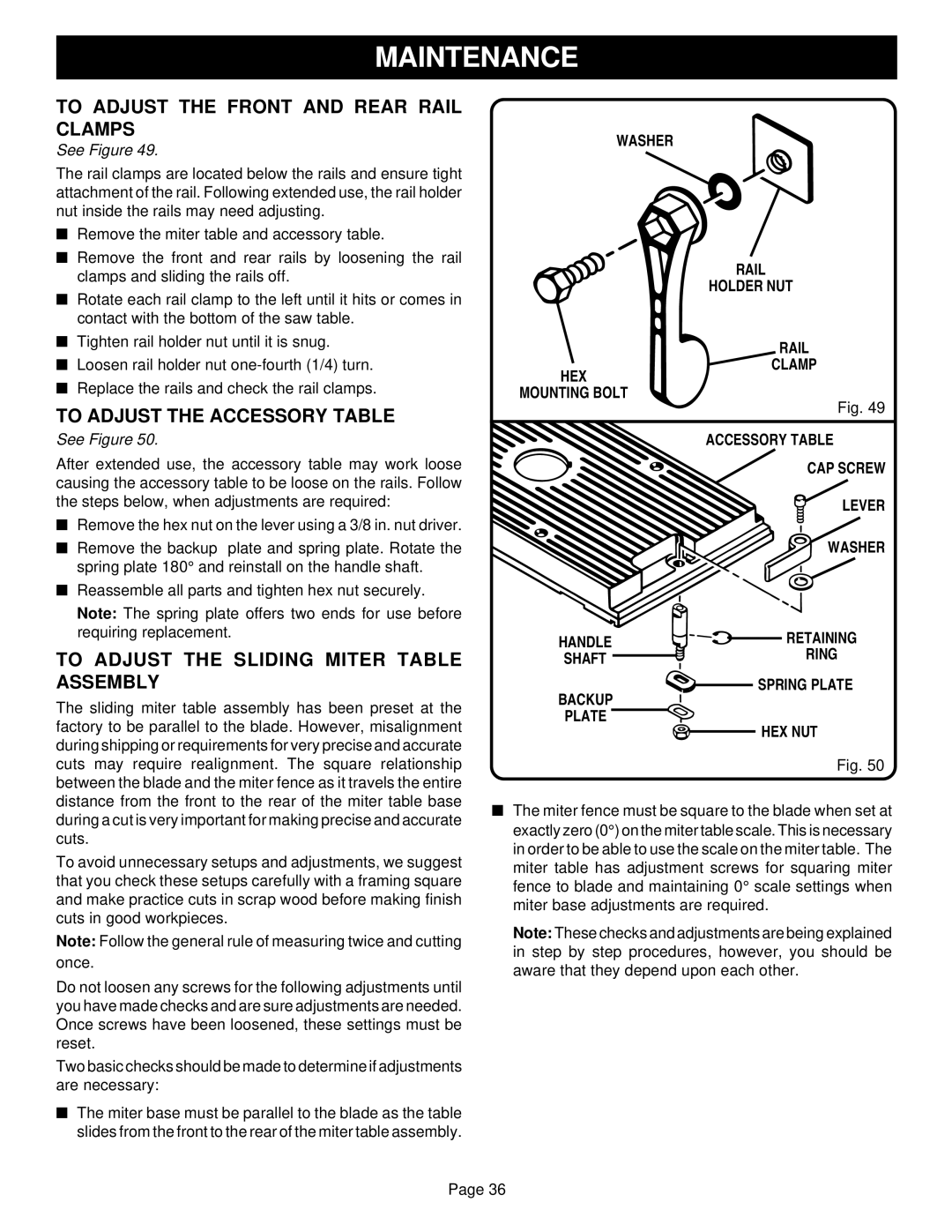 Ryobi BT3100-1 manual To Adjust the Front and Rear Rail Clamps, To Adjust the Accessory Table, Spring Plate Backup HEX NUT 