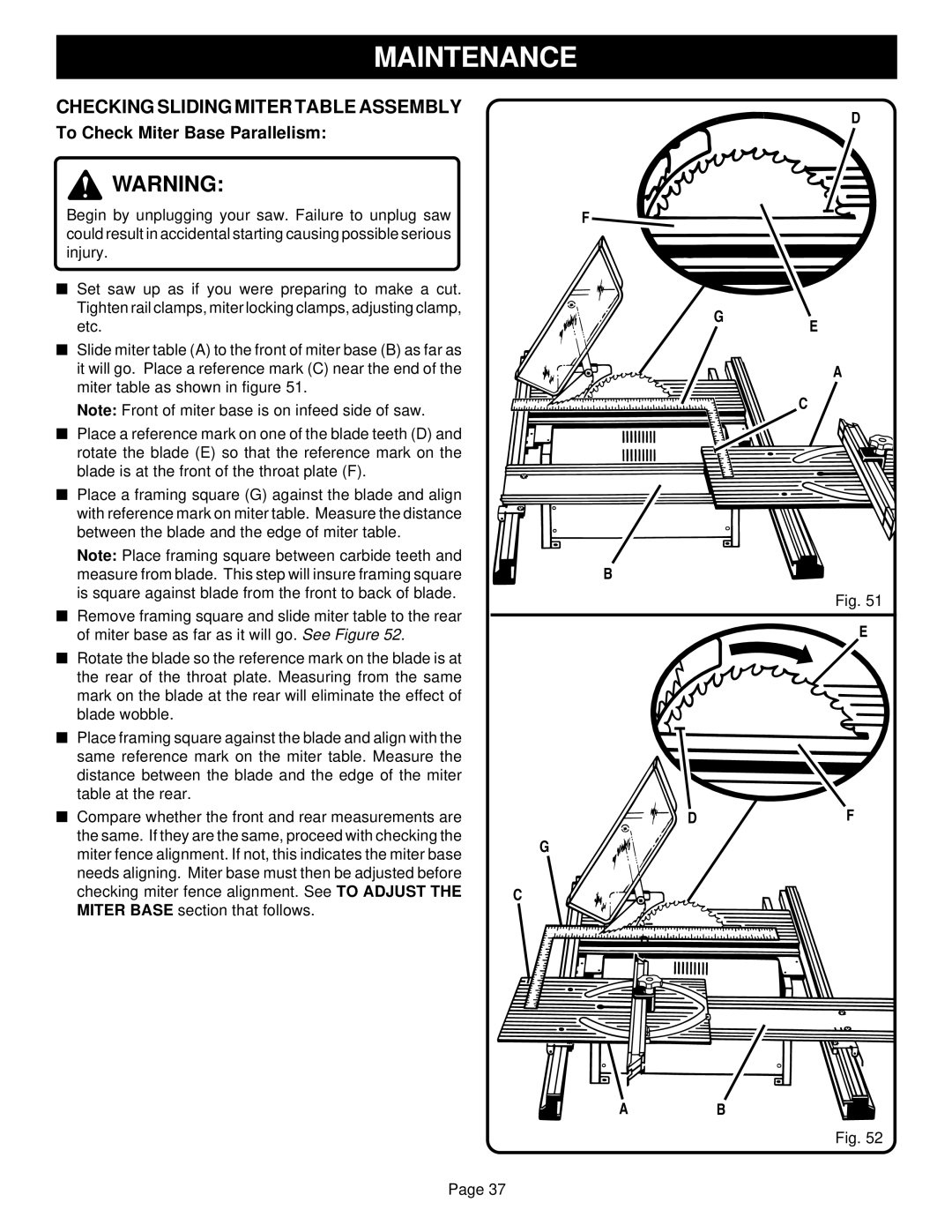 Ryobi BT3100-1 manual Checking Sliding Miter Table Assembly, To Check Miter Base Parallelism 