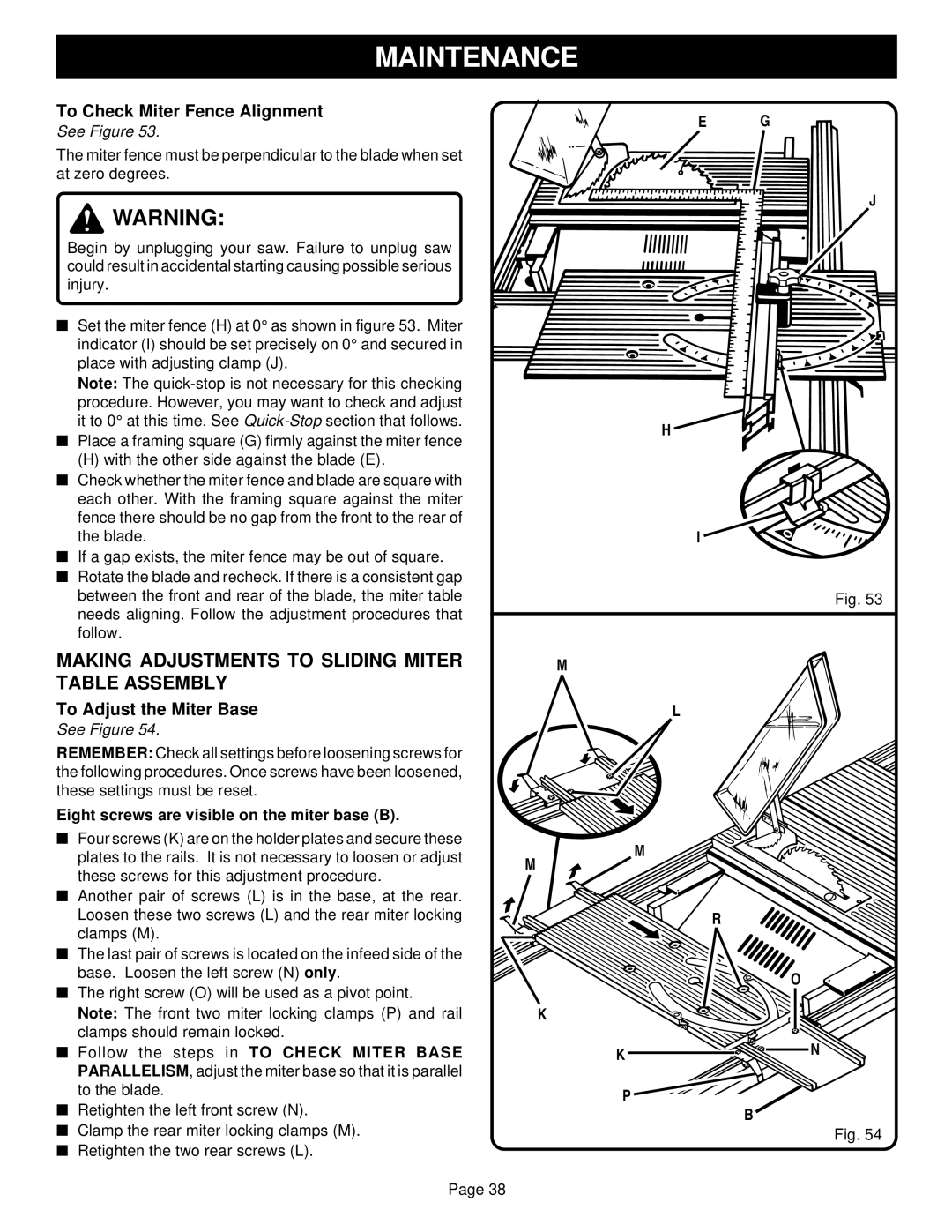 Ryobi BT3100-1 manual Making Adjustments to Sliding Miter Table Assembly, Eight screws are visible on the miter base B 