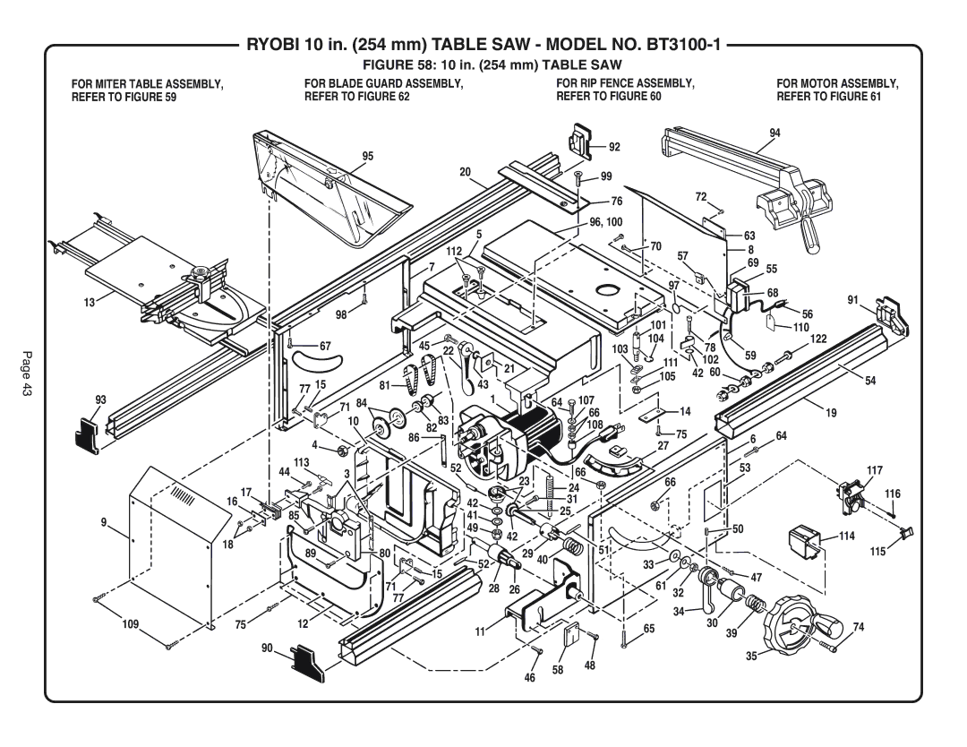 Ryobi BT3100-1 manual Refer to Figure, 112 107 8283 108 113 101 110 104 122, 111 102 105 117 116 114 115 