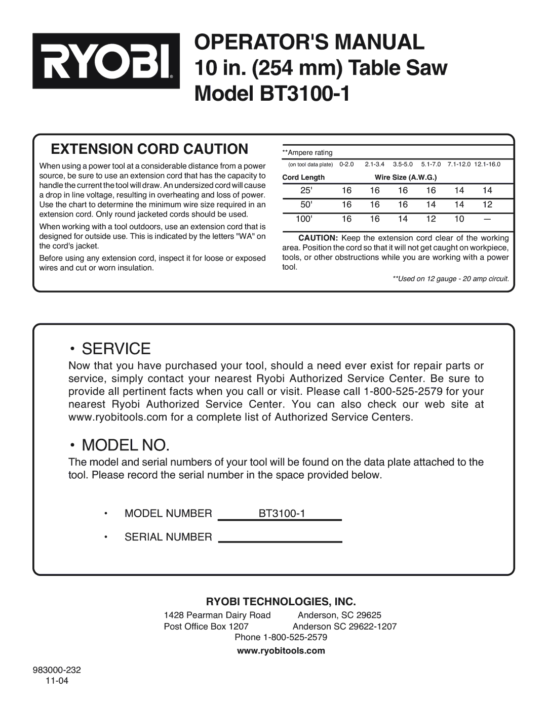 Ryobi manual Operators Manual 10 in mm Table Saw Model BT3100-1, Ryobi TECHNOLOGIES, INC 