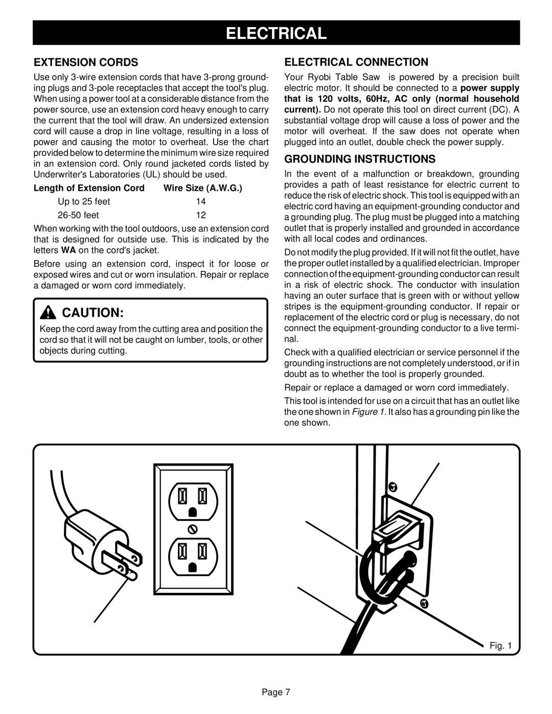 Ryobi BT3100-1 manual Extension Cords, Electrical Connection, Grounding Instructions, Length of Extension Cord 