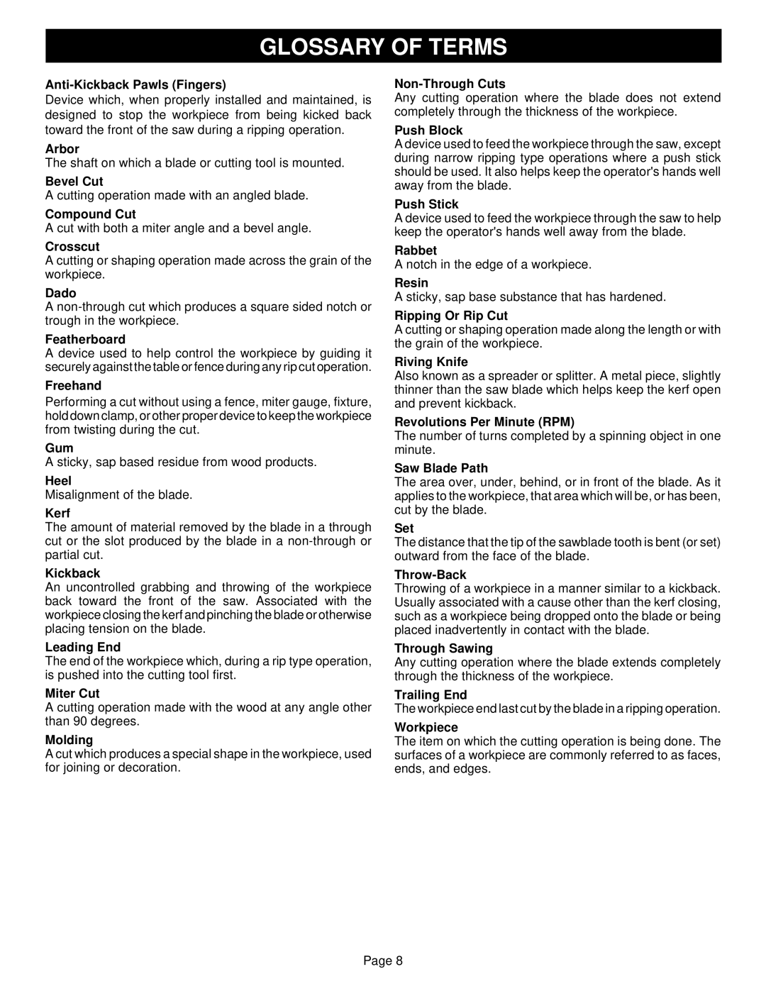 Ryobi BT3100-1 manual Glossary of Terms 