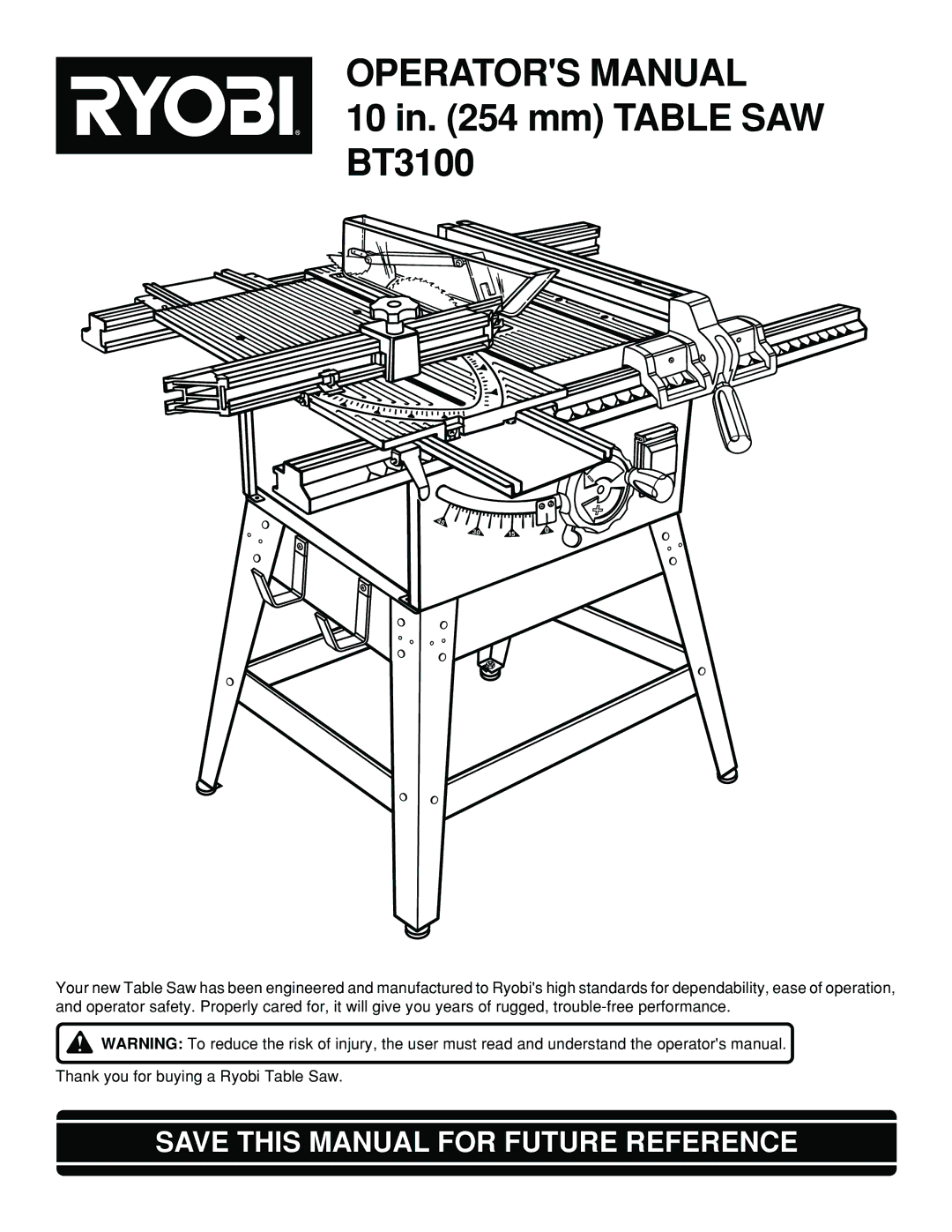 Ryobi BT3100 manual Operators Manual, Save this Manual for Future Reference 