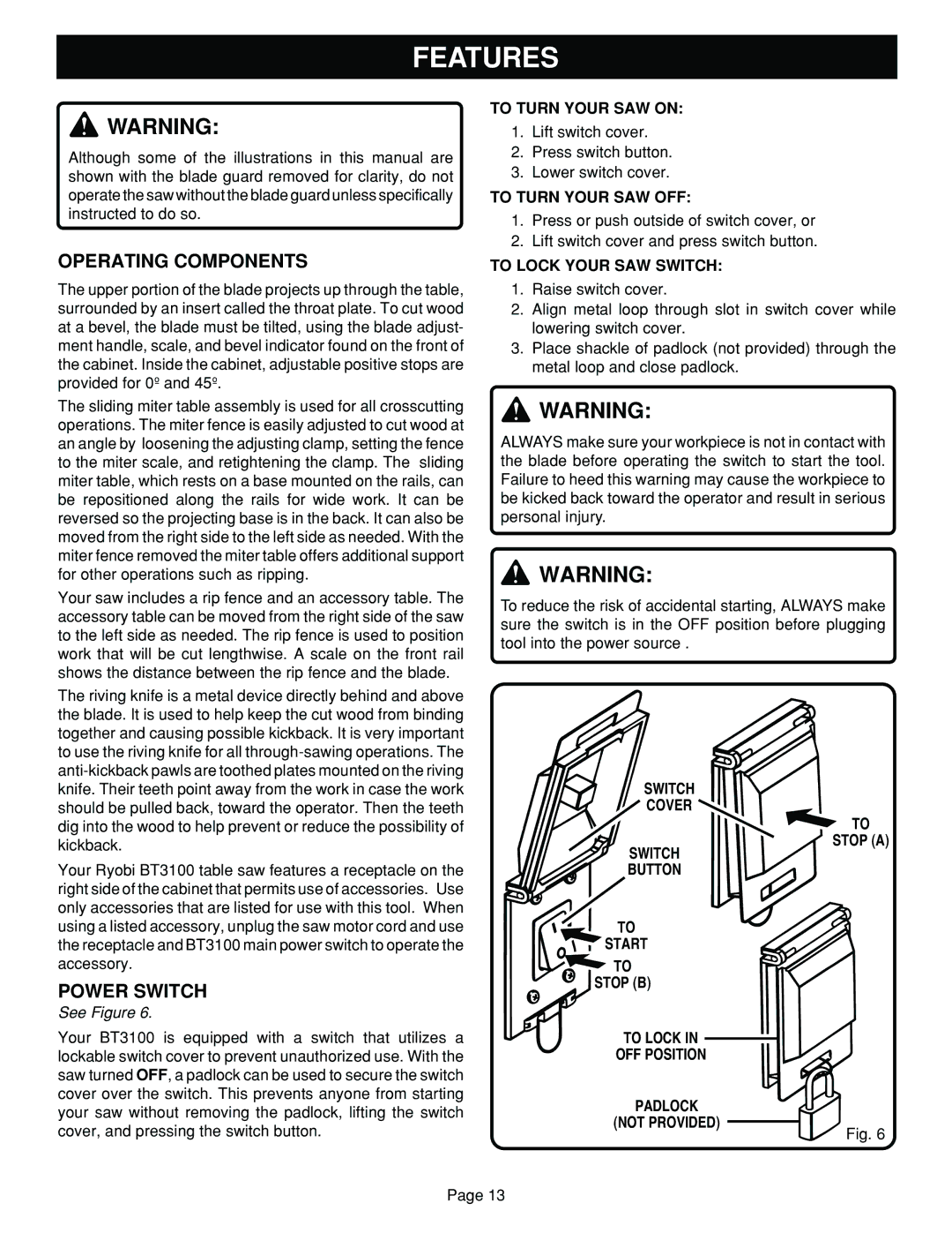 Ryobi BT3100 manual Operating Components, Power Switch 