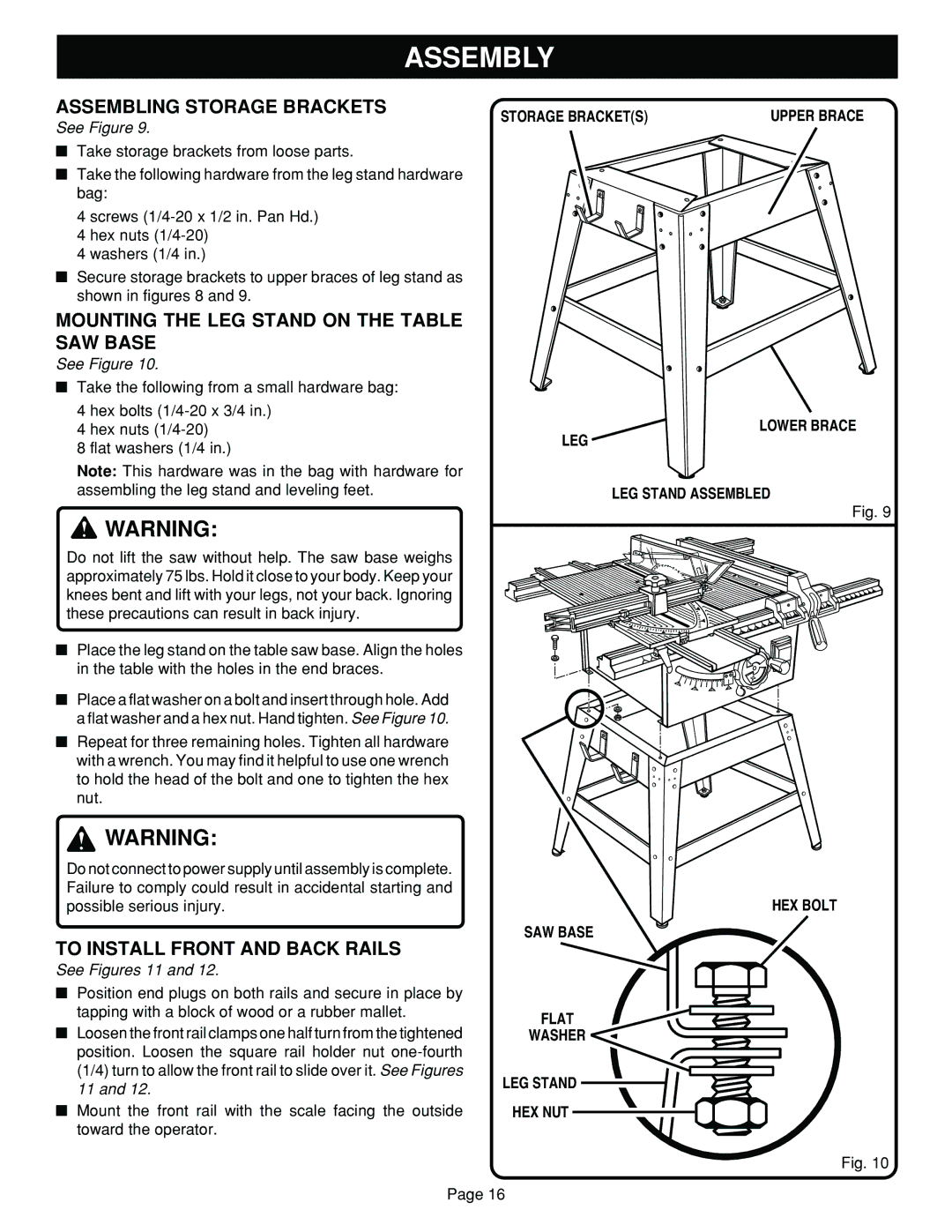 Ryobi BT3100 Assembling Storage Brackets, Mounting the LEG Stand on the Table SAW Base, To Install Front and Back Rails 