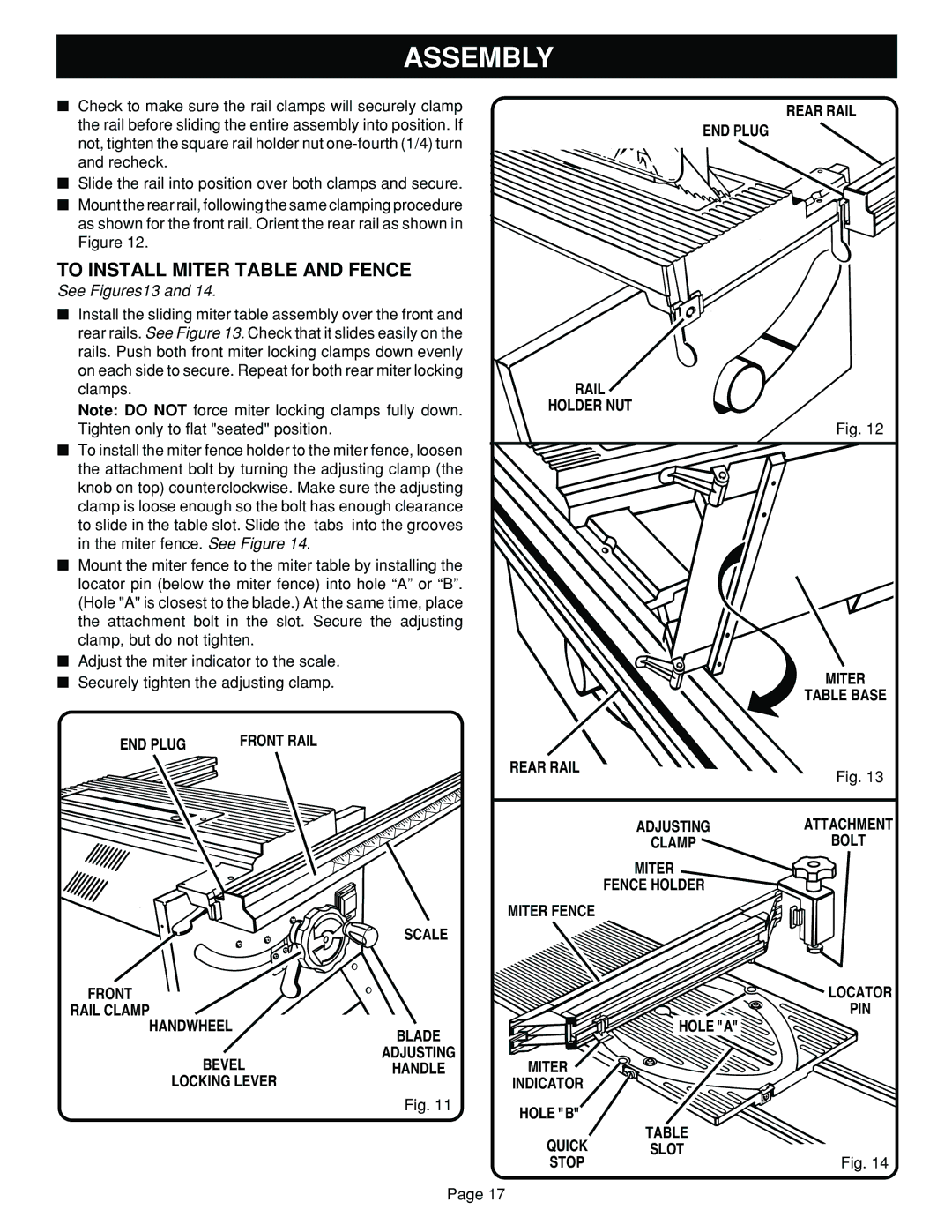 Ryobi BT3100 manual To Install Miter Table and Fence, Rear Rail END Plug Holder NUT Miter, Handwheel, Hole B 