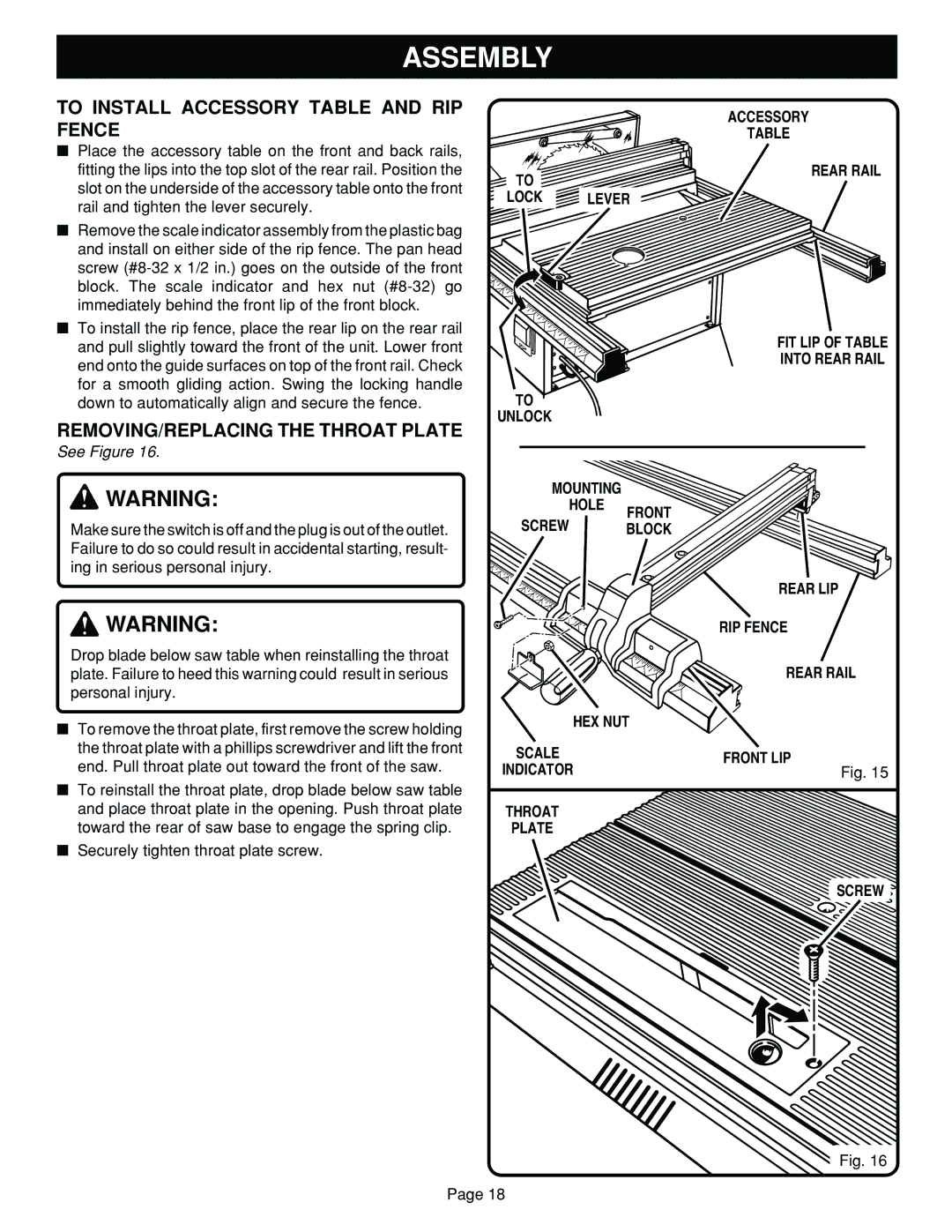 Ryobi BT3100 manual To Install Accessory Table and RIP Fence, REMOVING/REPLACING the Throat Plate, Lever, Front LIP 